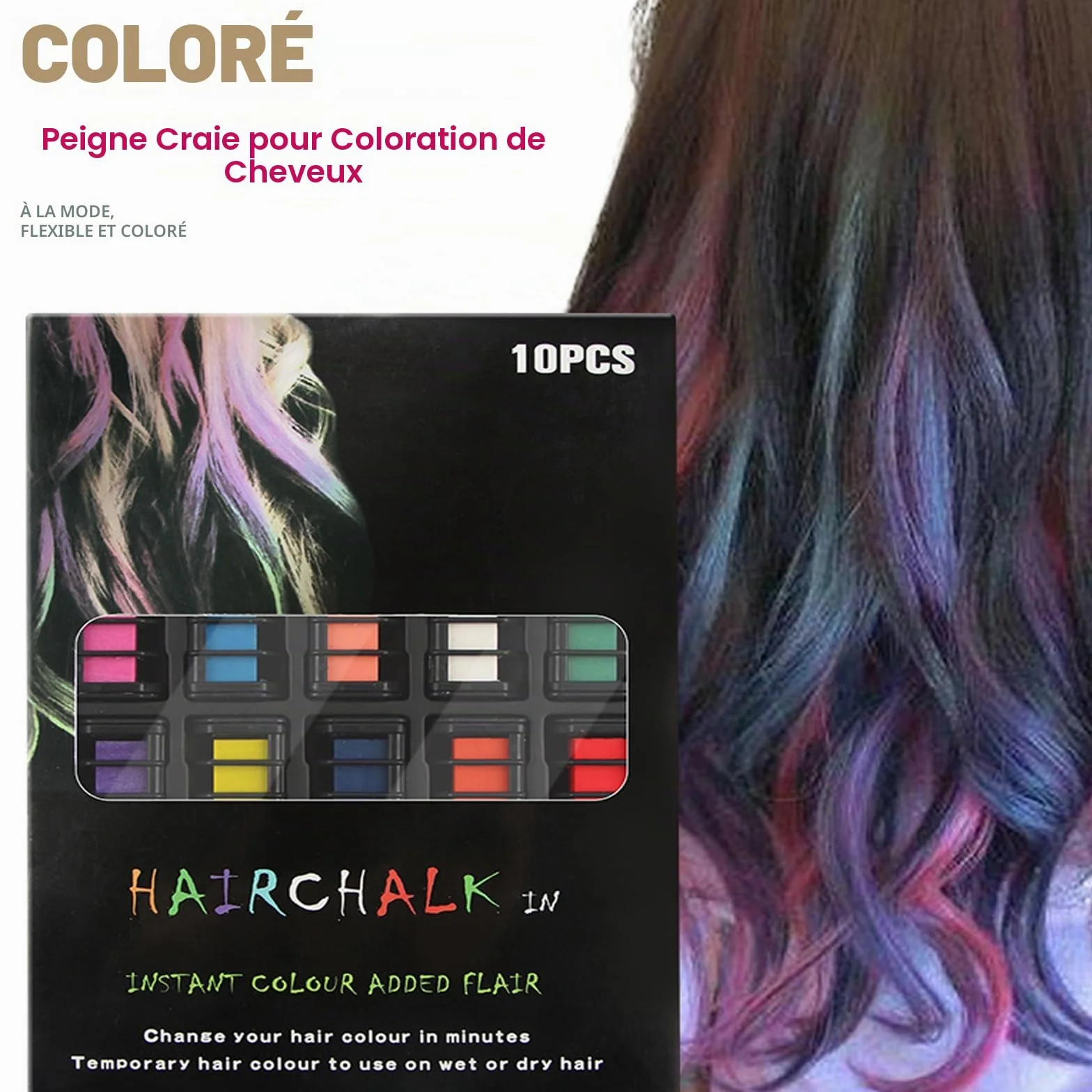 Craie Capillaire Lavable 10 Couleurs Peigne à Cheveux Teinture Temporaire Fête Cosplay