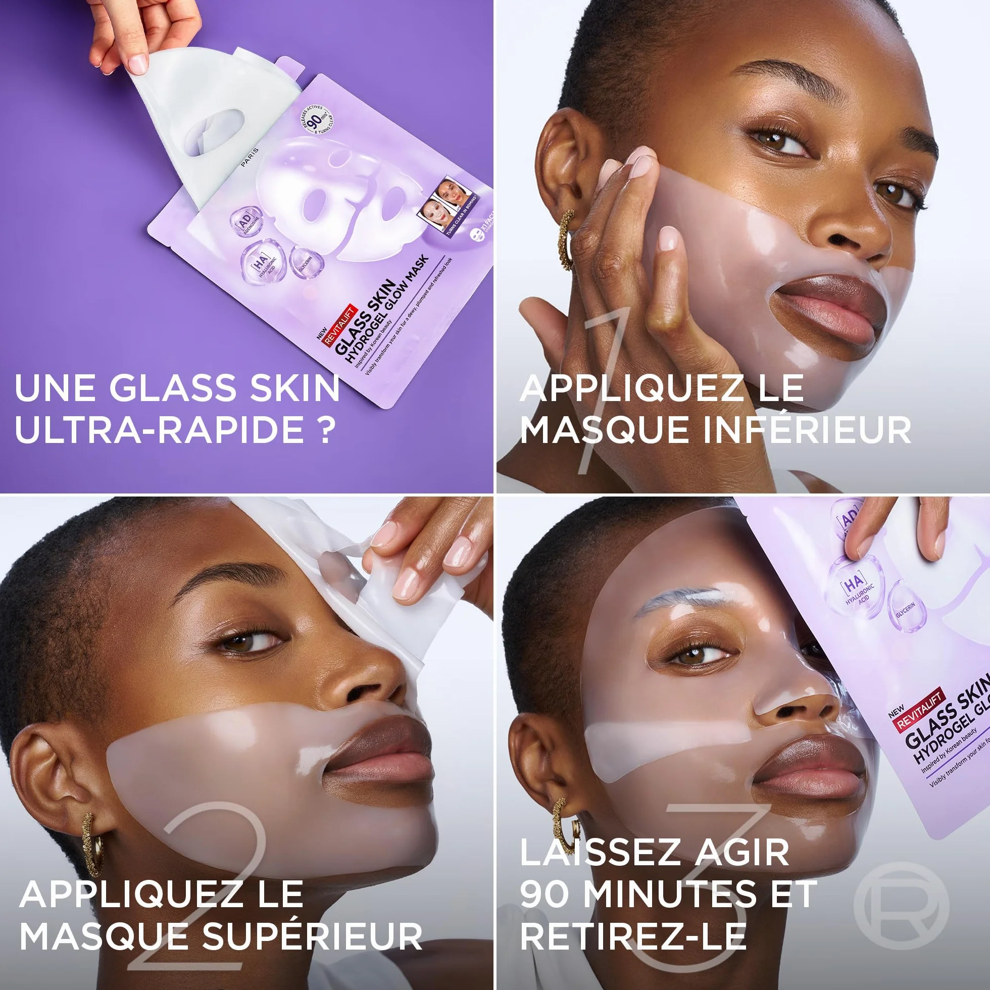 L'Oréal Paris Revitalift Filler Glass Skin Masque Visage Hydrogel Éclat Hydratation Intense Acide Hyaluronique Lot de 4