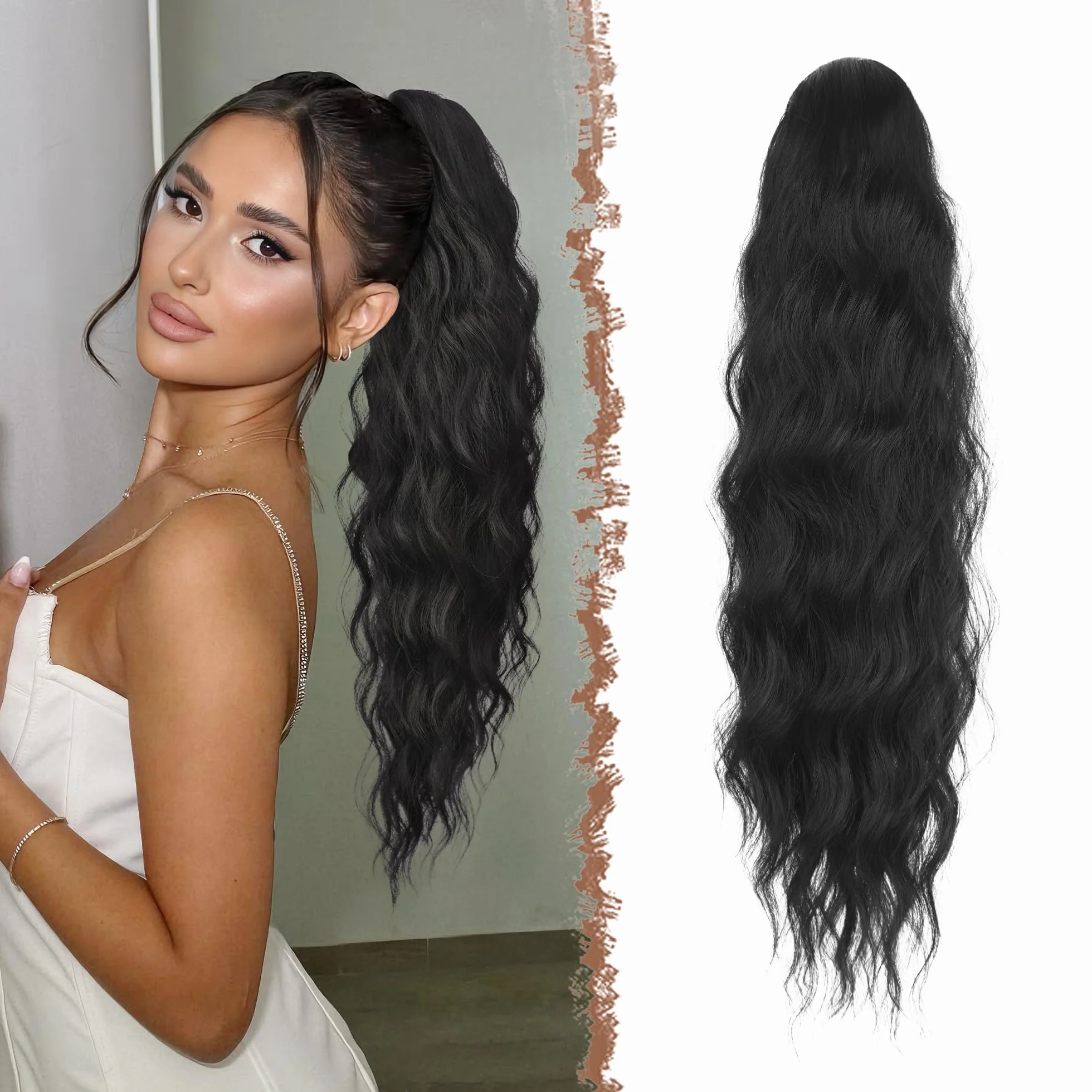 FESHFEN Postiche Queue de Cheval Noir Ondulé Longues, Extension Ponytail Cheveux avec Peigne Ponytails Bouclé Naturel Cordon Synthétique Postiches pour Femmes, 60 cm