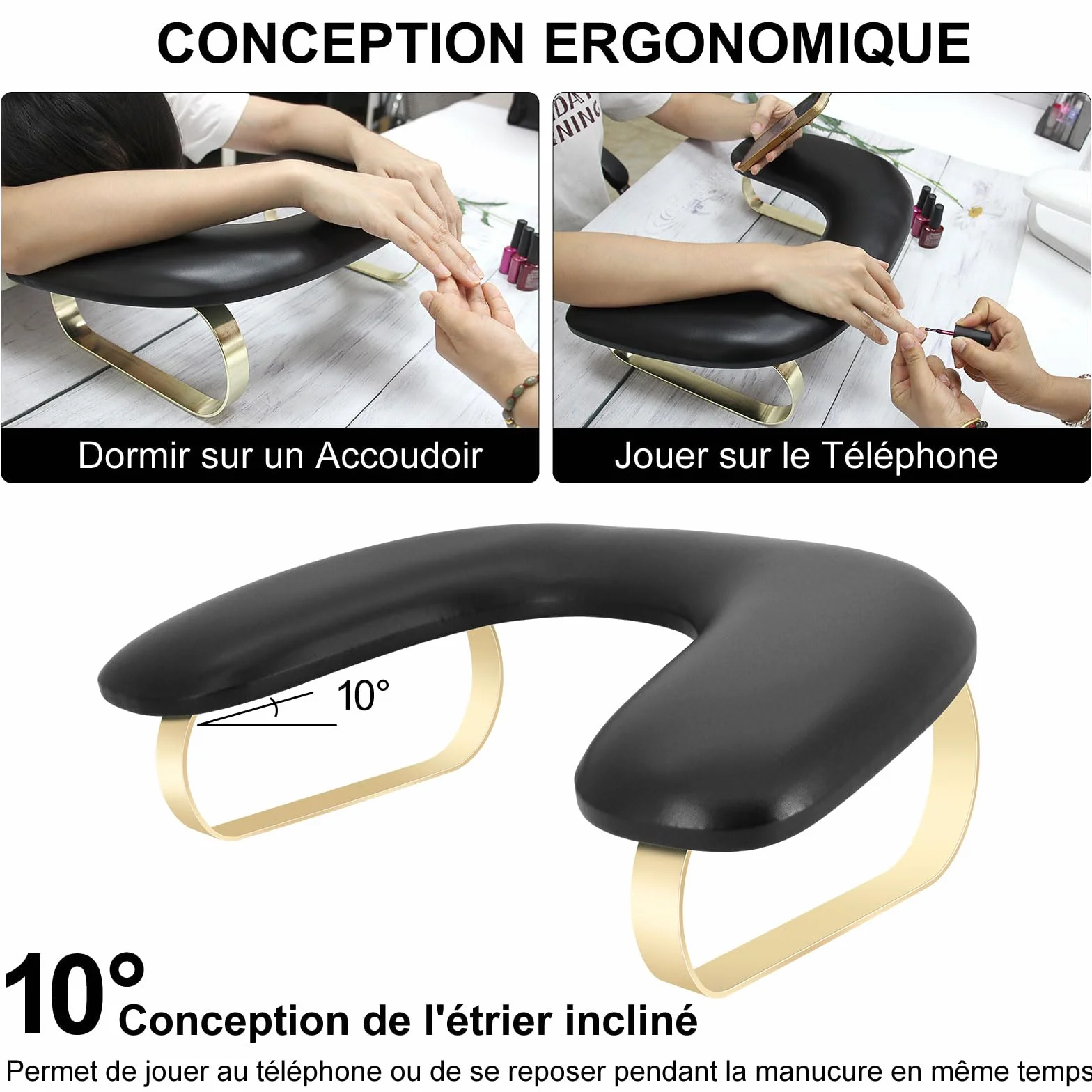 Repose Main Ongle,Forme du U Coussins Repose-Main pour Manucure,Douceur PU Cuir Coussin Manucure avec Support Amovible,Repose Main Manucure Professionnelle pour Prothesiste Ongulaire(Noir)