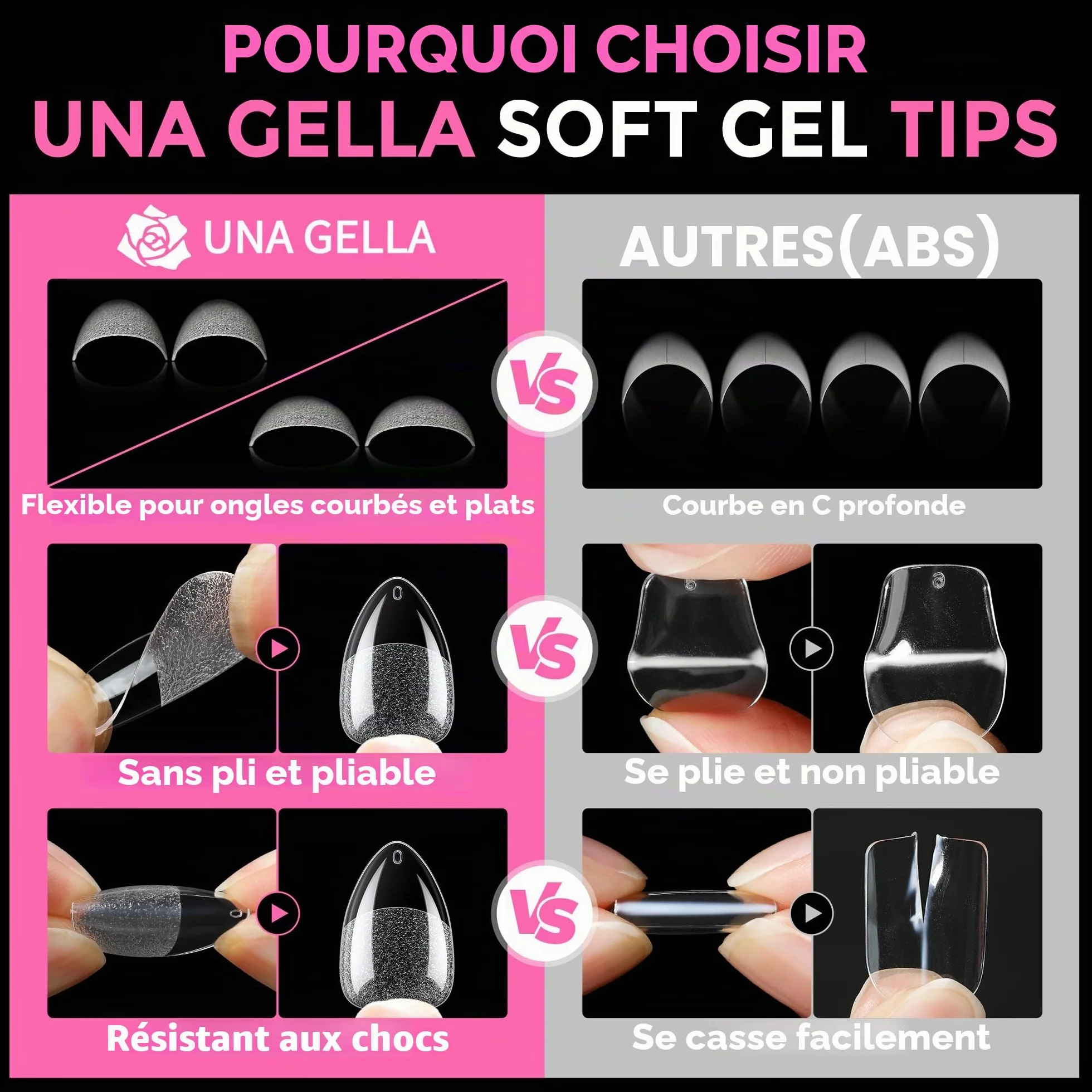 UNA GELLA Capsule Américaine Ongle Amande Court 216 Pièces 12 Tailles pour Extensions Acryliques DIY