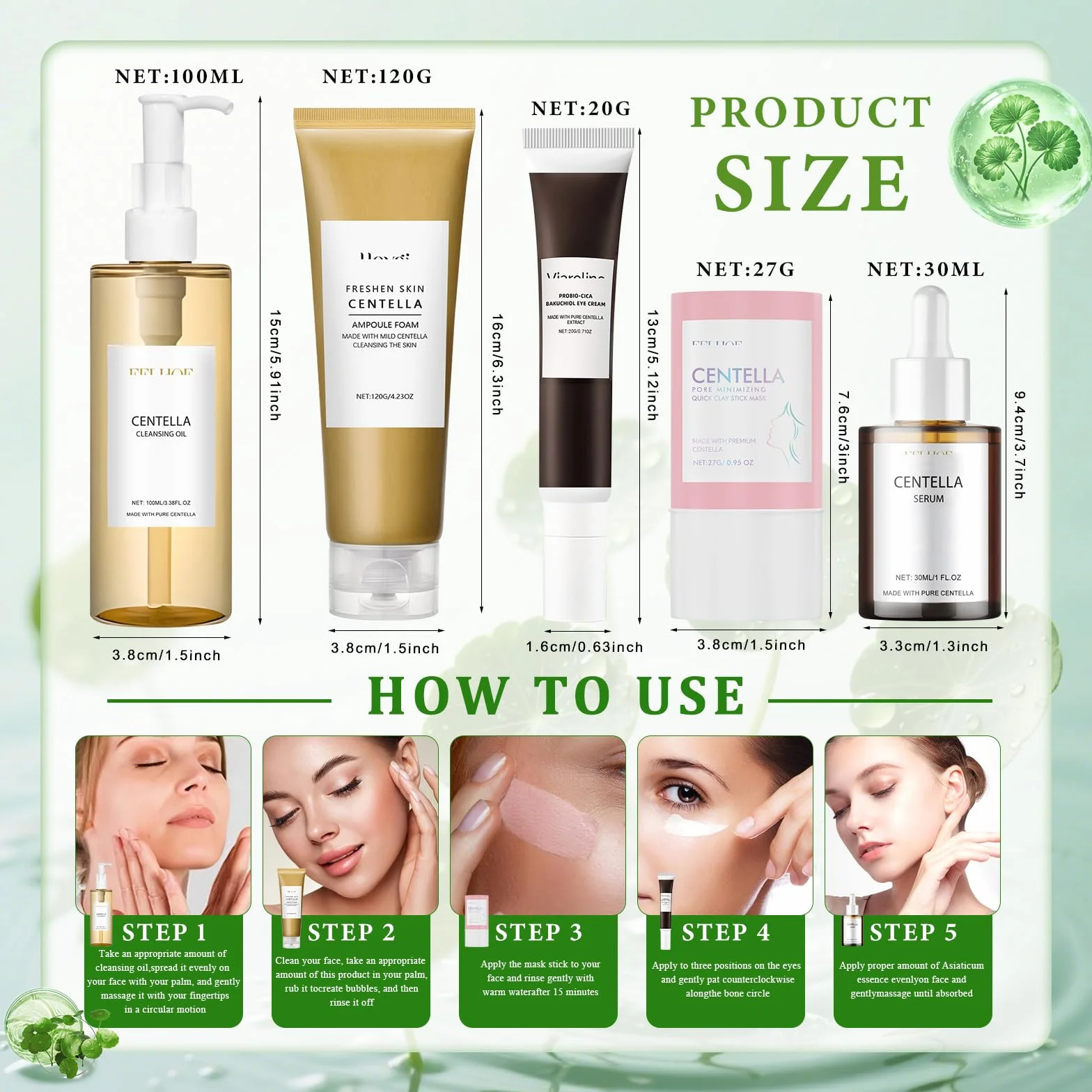 5Pcs Centella Skincare Kit,Centella Cleansing Oil+Centella Nettoyant Visage | Centella Serum + Centella Stick Mask + Creme Yeux, Nettoie, Nourrit et Hydrate la Peau,Combat Efficacement les Rides