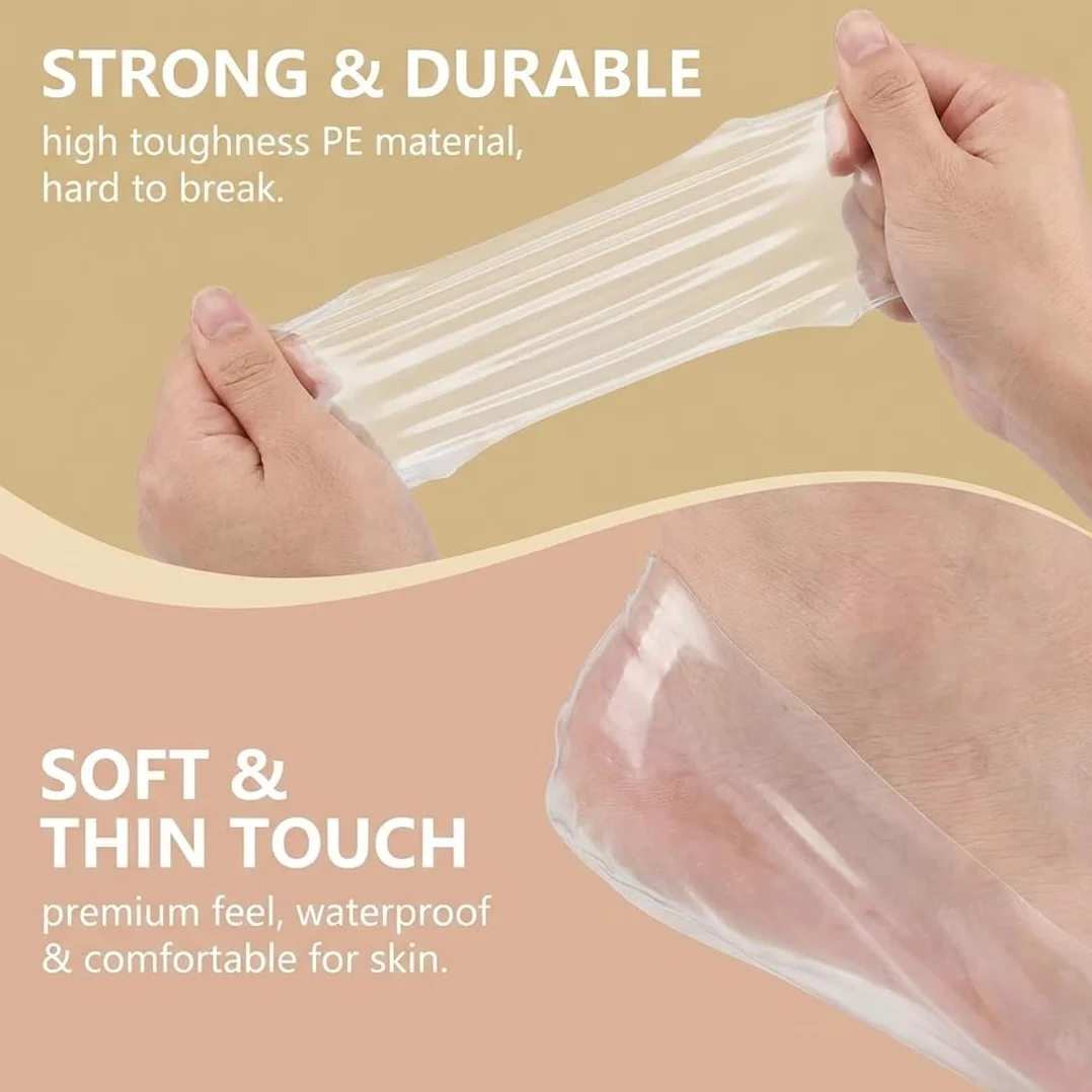 Lot 100 chaussettes jetables plastique autocollants fixation pédicure spa cire paraffine doublure bain masque pieds soin transparent