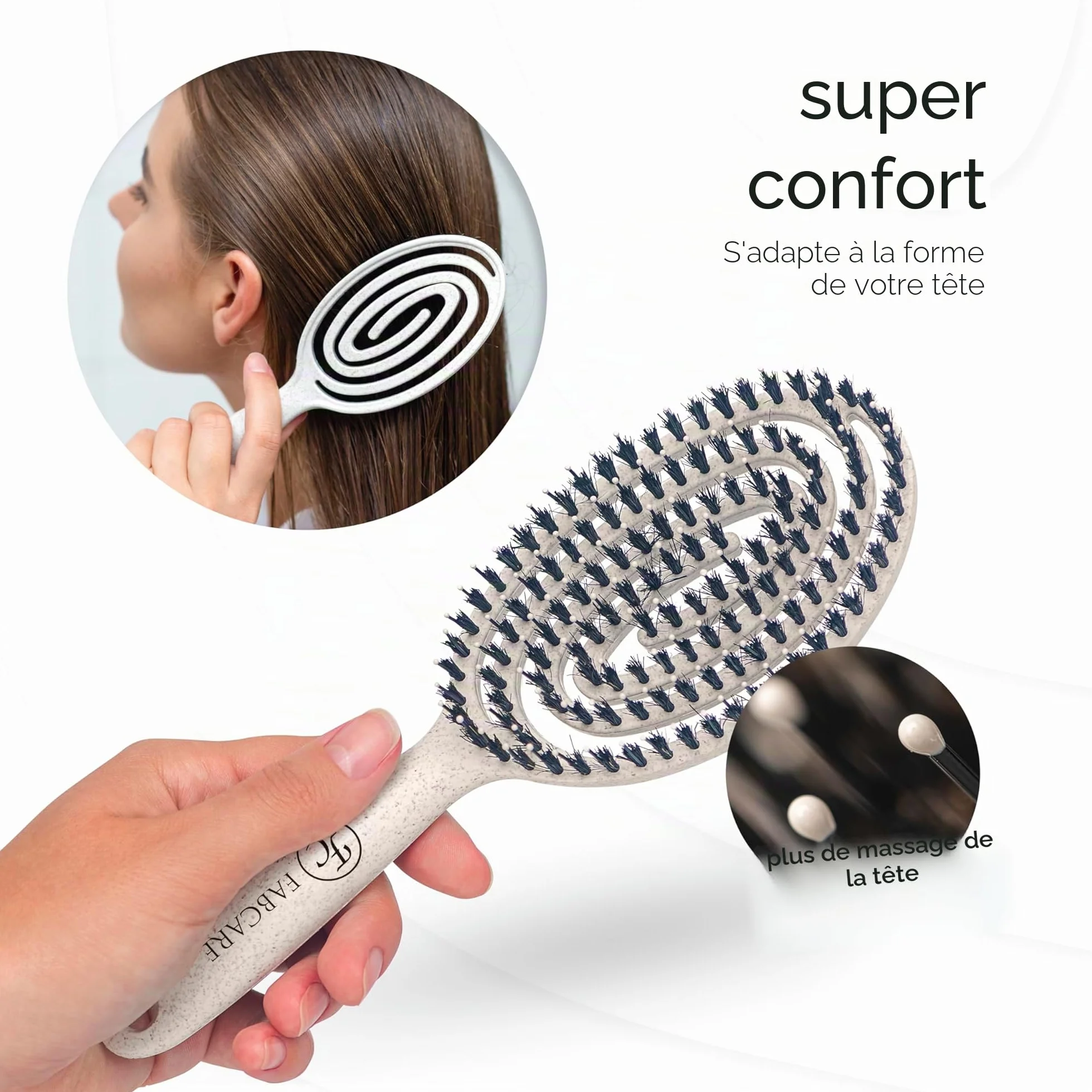 FABCARE Brosse Cheveux Poil Sanglier Démêlante Double Ressort Spirale Magique Sans Tirer Professionnelle Beige