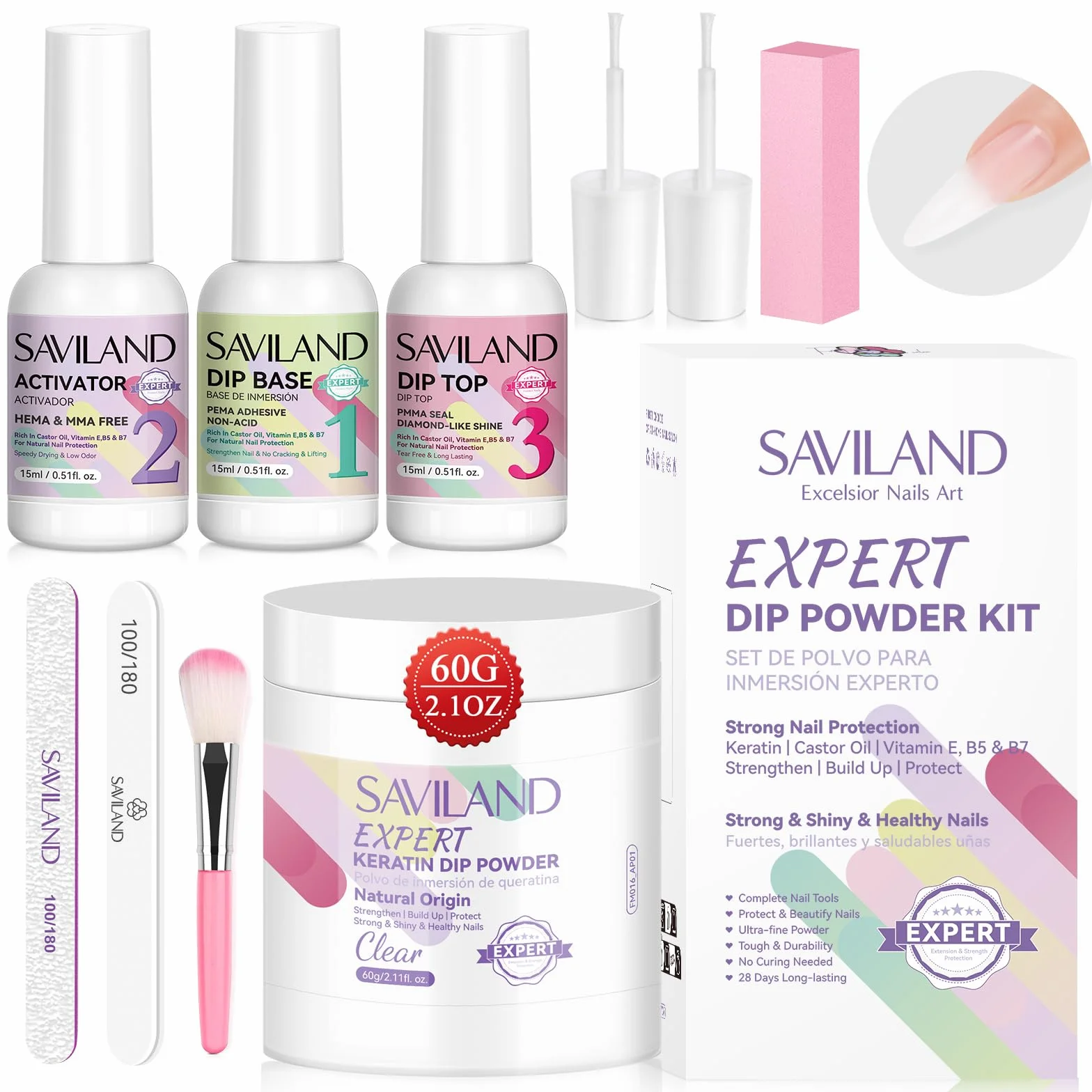 Saviland Kit Complet de Dipping Powder 60g Poudre Claire avec Liquide pour Trempage Manucure Ongles