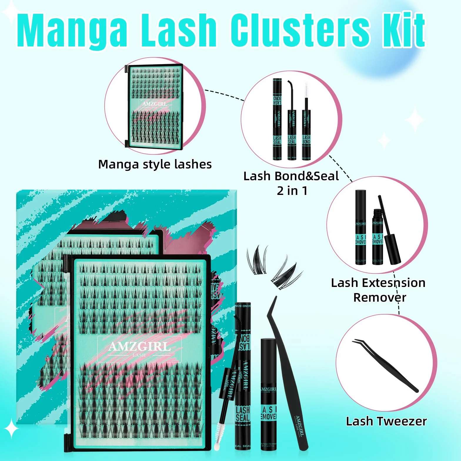 Manga Lashes Lot de 144 extensions de cils de fée avec fixation et sceau, extracteur et applicateurs de cils (8-16 mm, Black Bond)