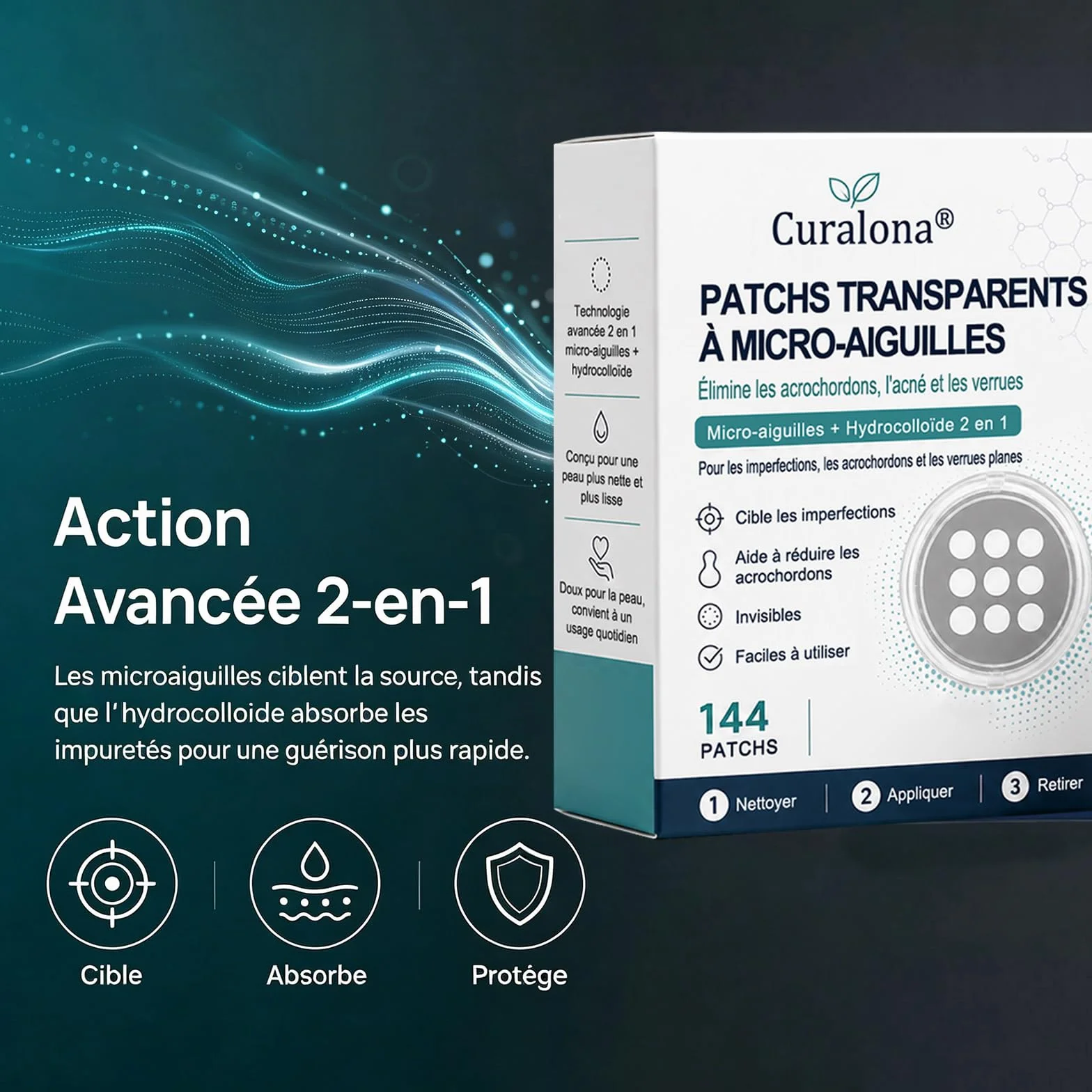 Curalona Patch 2-en-1 Microneedle & Hydrocolloïde 144 Pièce Invisible Imperméable Transpirable