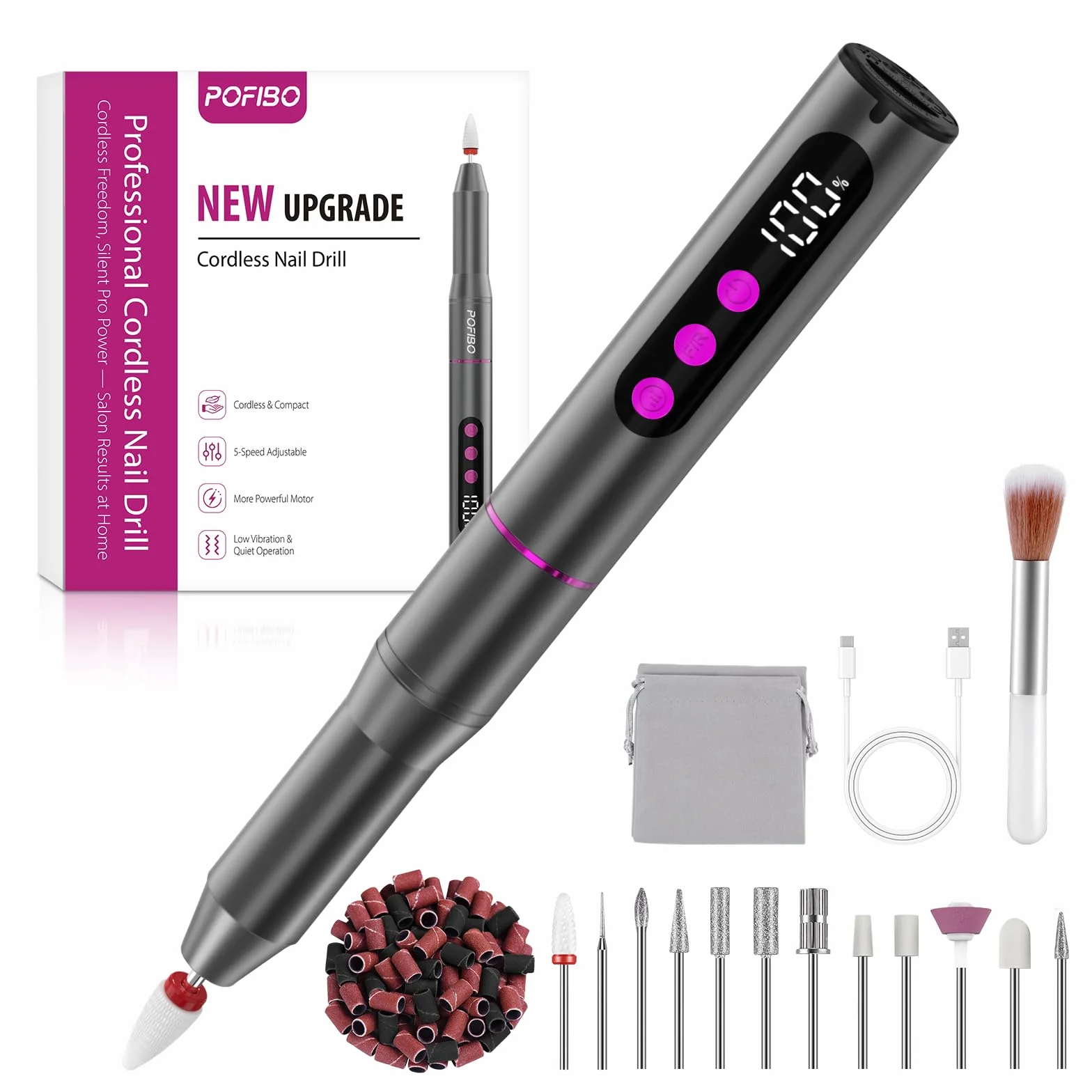 POFIBO Ponceuse pour Ongles Professionnel - 12 en 1 Lime a Ongle Electrique 35000RPM avec LCD écran Numérique, sans fil, 5 vitesses réglables - Kit de Manucure Pédicure Rechargeable Vitesse