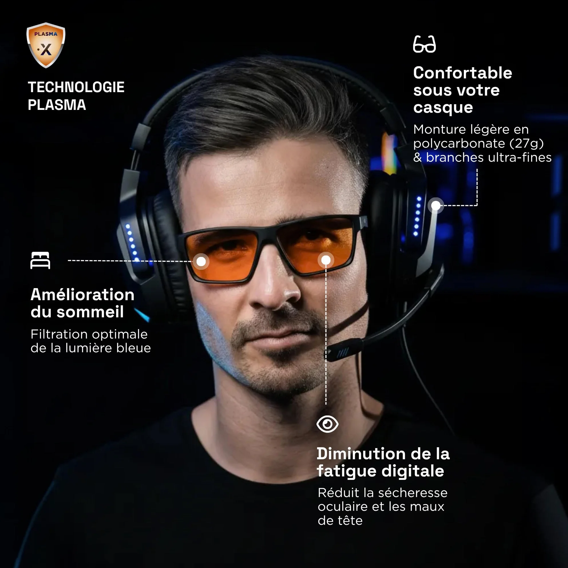 Horus X Lunette Gaming anti lumière bleue Homme Femme Anti Fatigue Migraine Oculaire V3