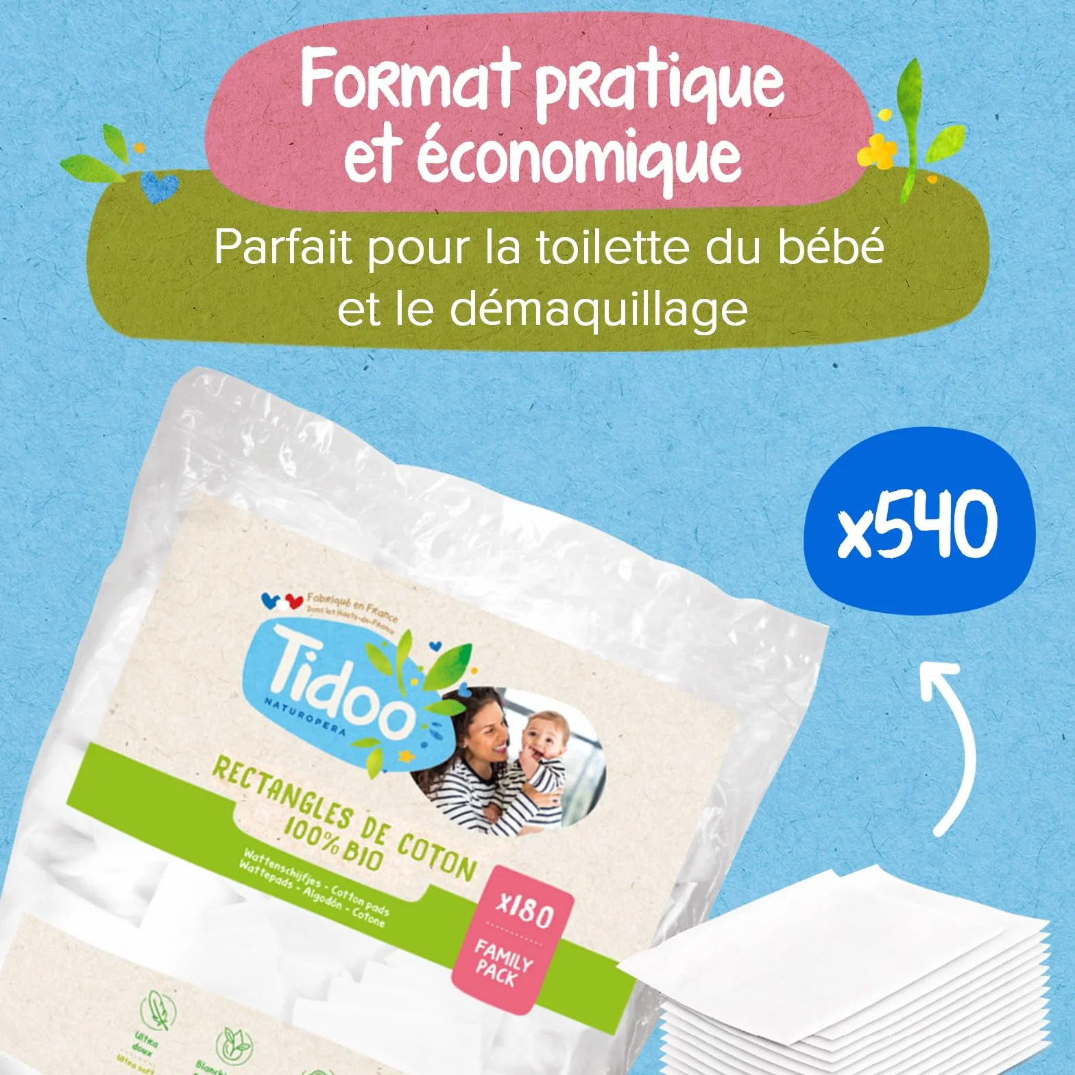 Tidoo 540 Coton Pads Bébé 100% Bio Ultra Doux Hypoallergéniques Peaux Sensibles Fabriqués en France