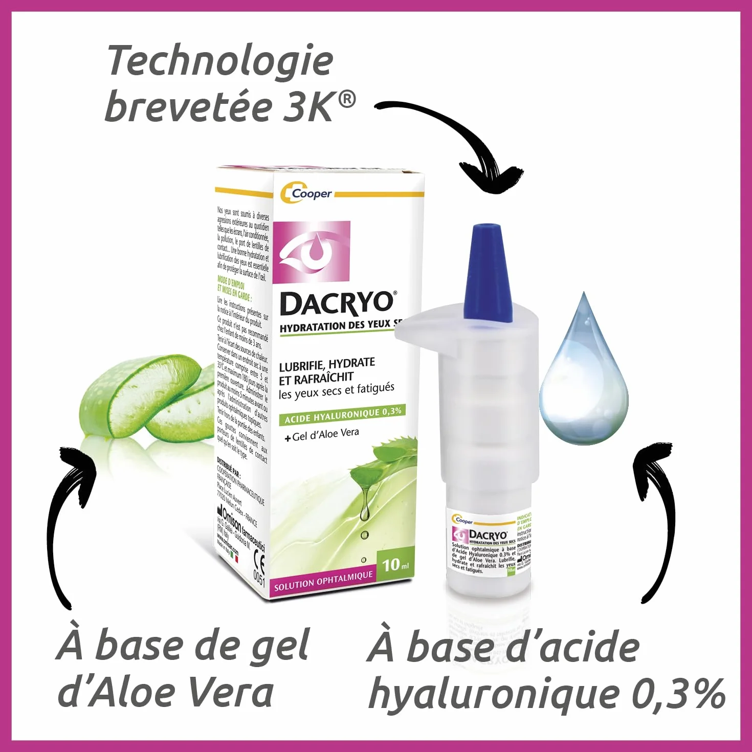DACRYO® Hydratation des yeux secs Solution ophtalmique Acide Hyaluronique gel d'aloe vera 10ml