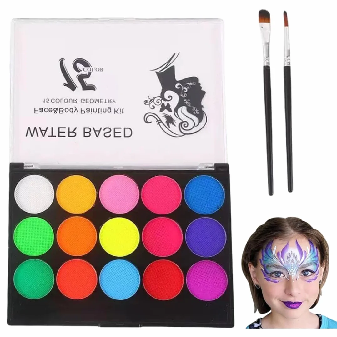 Set de Maquillage pour Enfants, 15 Couleurs, Palette Enfant Body Painting et Carnaval Visage, avec 2 Pinceaux Maquillages, pour Halloween, Noël, Carnaval, Soirées à Thème, Fête d'anniversaire