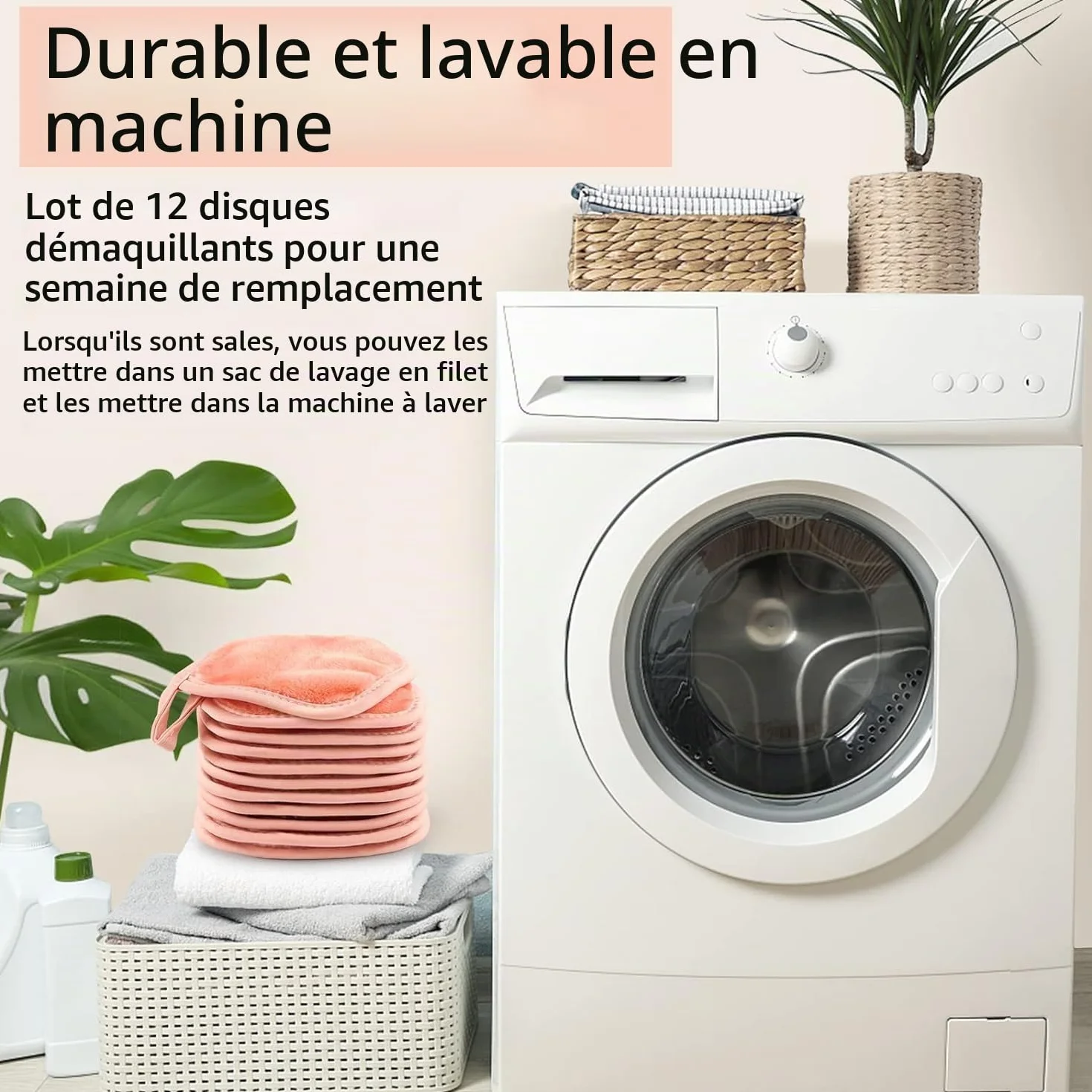 HOMEXCEL Lingettes démaquillantes réutilisables en microfibre paquet de 12 12,7 x 12,7 cm rose