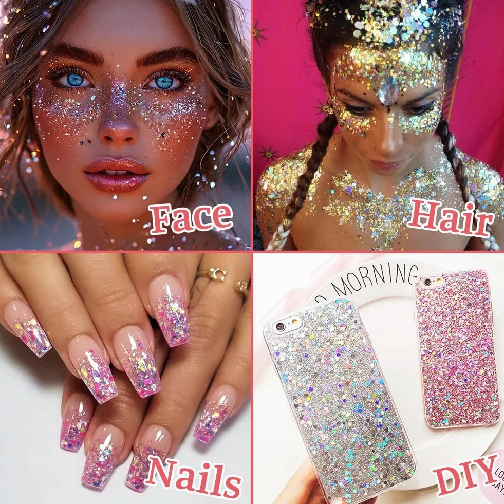 Gel Paillettes Visage 6PCS 25g Paillette Cheveux Corps Liquide Cosmétique Lèvres Ongles Festival Fête Maquillage Décoration