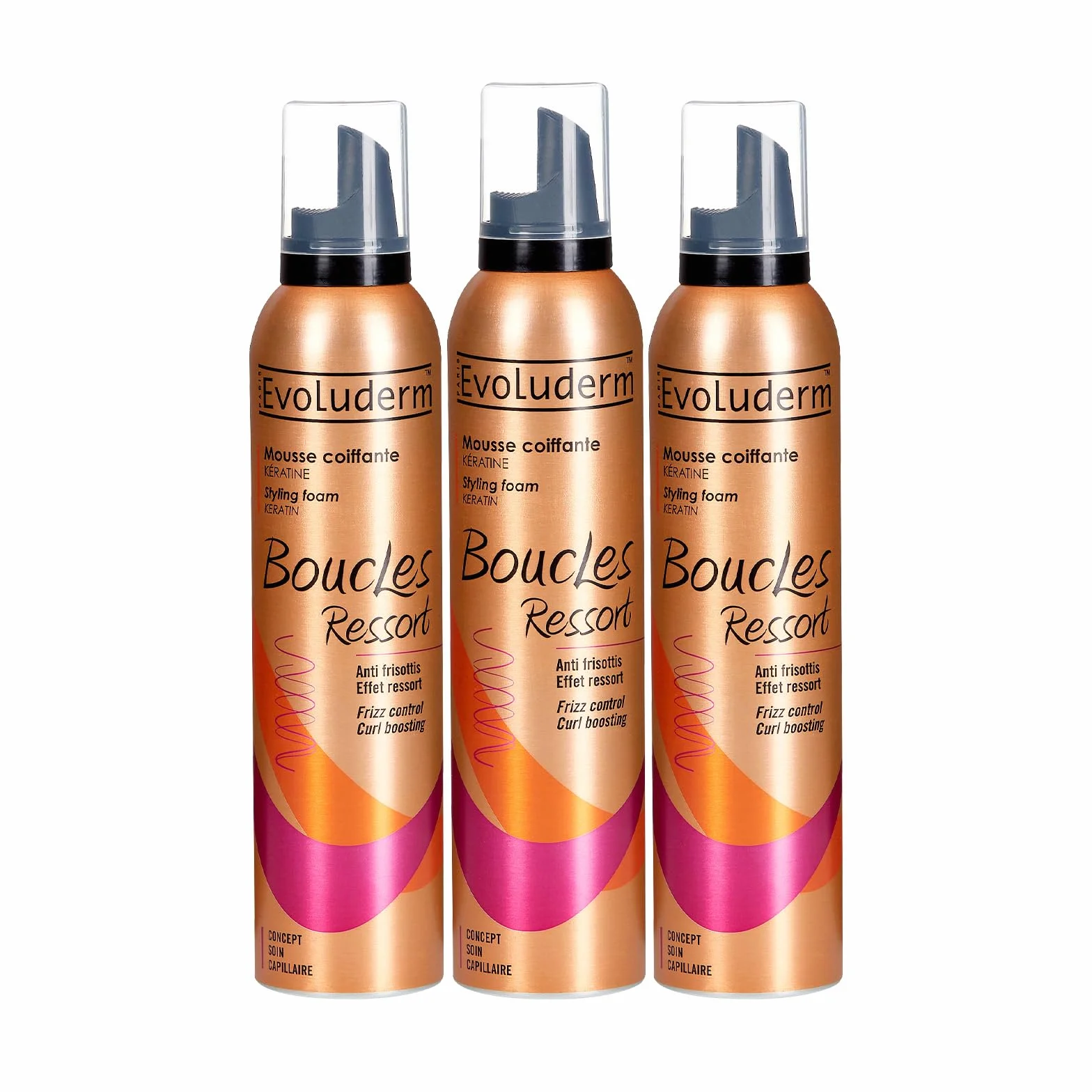 EVOLUDERM - Boucles Ressort - Mousse Coiffante Kératine - 250 ml - 90% d'Origine Naturelle - Fabrication Française - Lot de 3 x 250 ml
