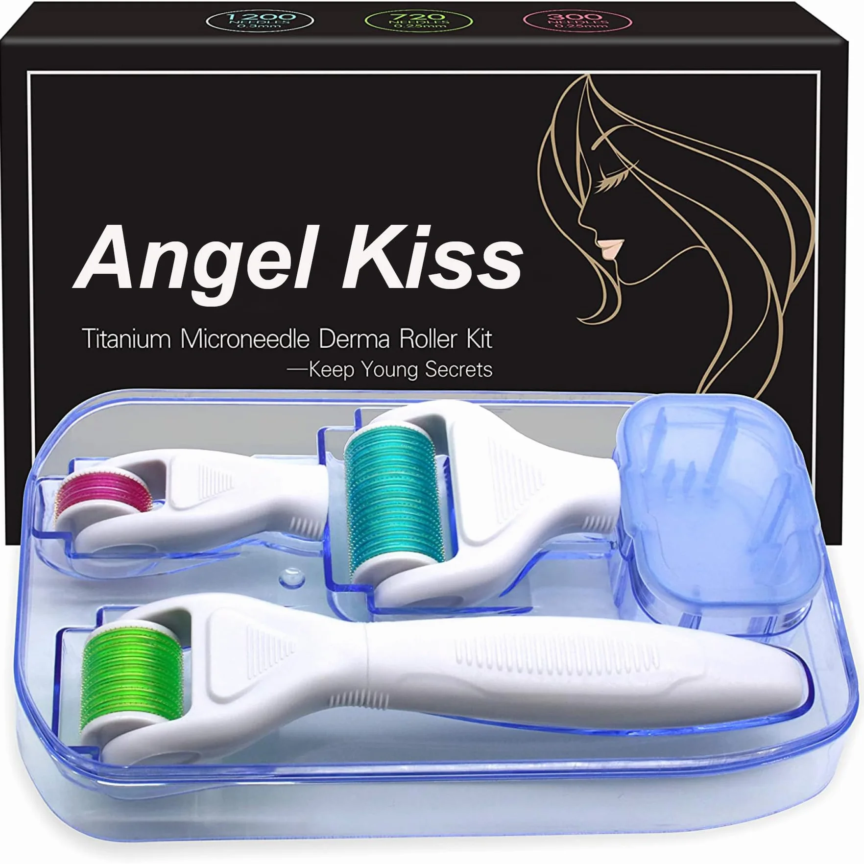 Angel Kiss Rouleau Derma Roller 4 en 1 pour le visage, le corps - Outil de Soin de la Peau à Micro-Aiguilles, 300 Aiguilles 0,5 mm, 720/1200 Aiguilles 1,0 mm