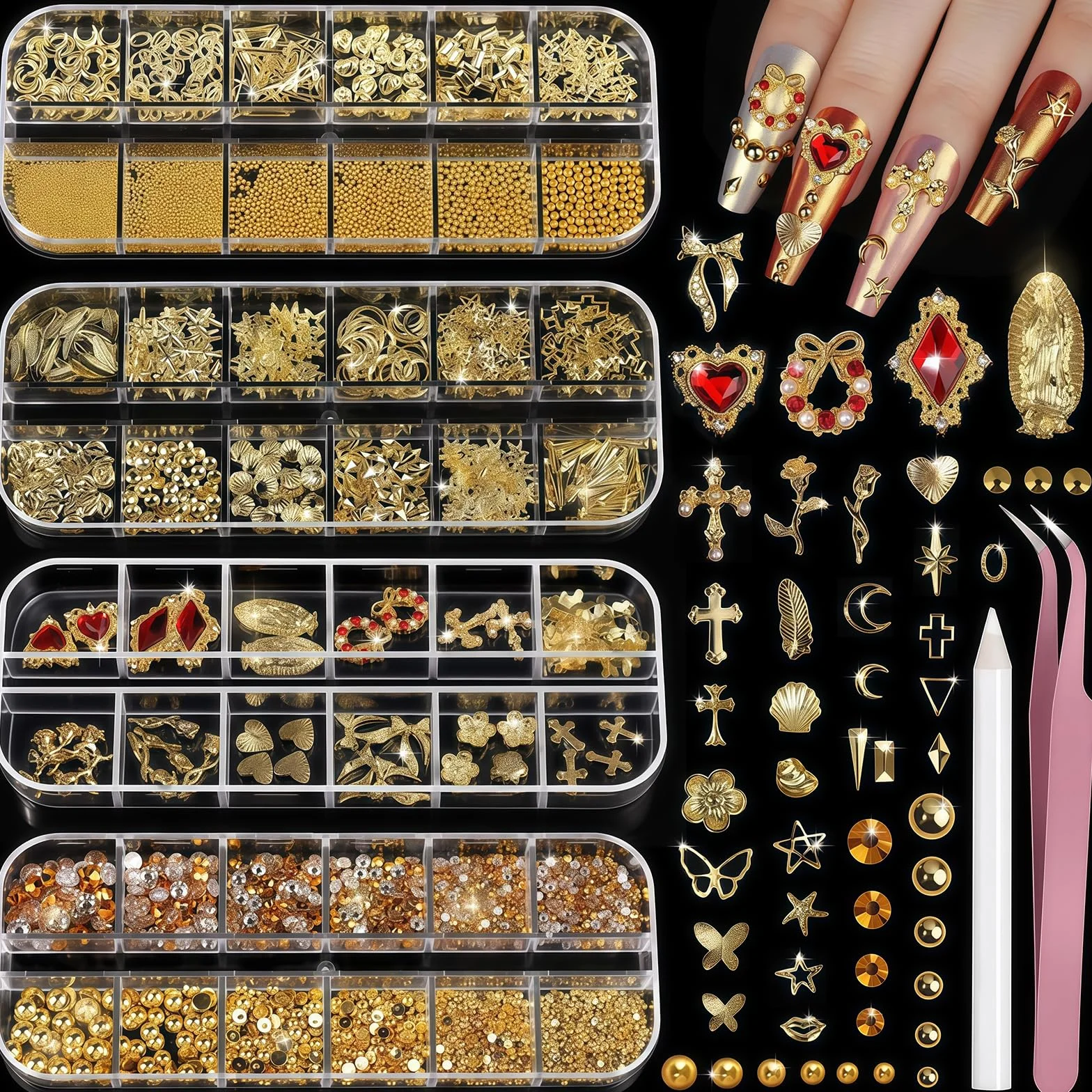 Ensemble de Bijoux Ongles Gold Nail Charms, Lot de 4 Pierres à Ongles, Kit Accessoires Nail Art