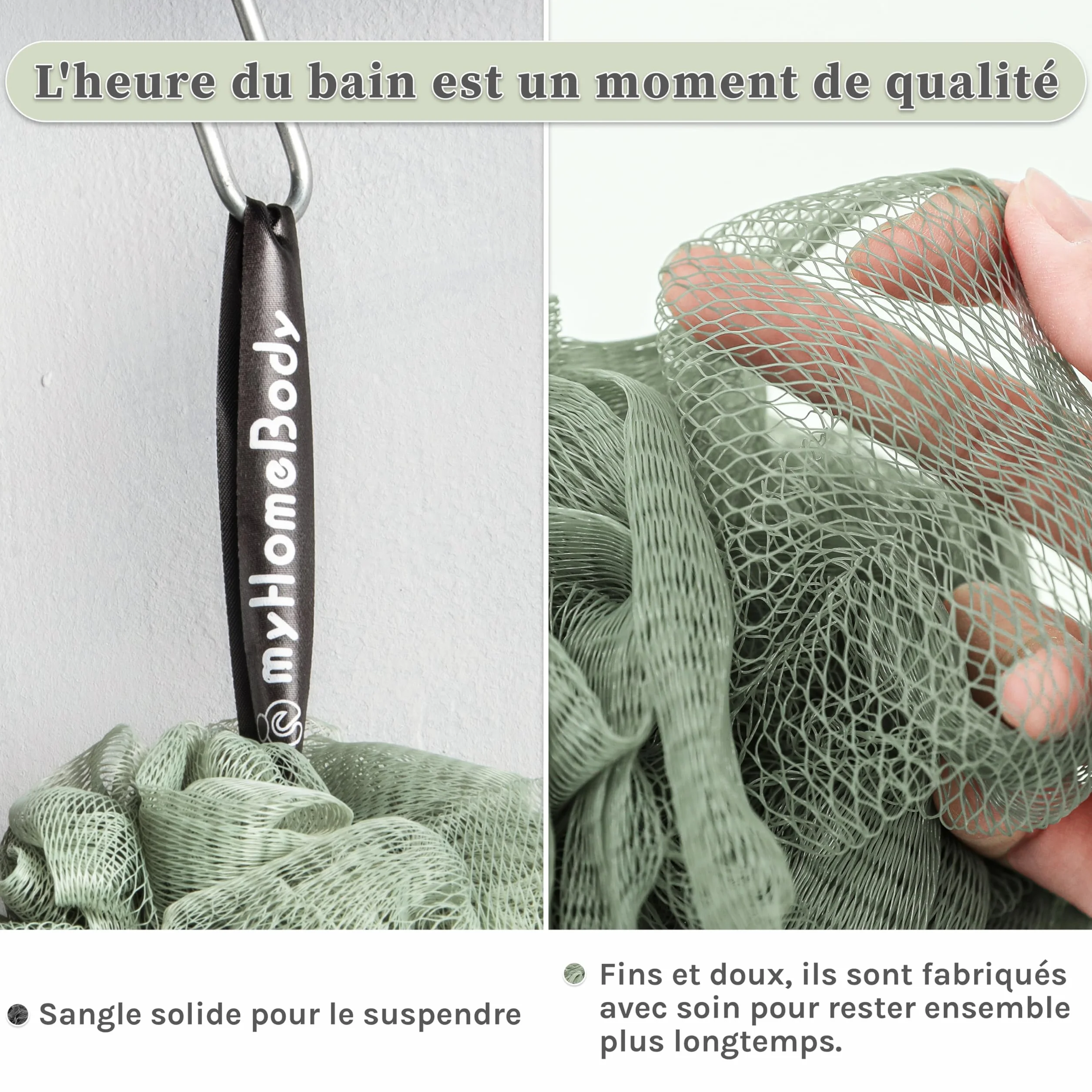 myHomeBody Grande éponge Loofah 70g - Pouf de douche exfoliant au charbon actif - 3 Packs (2 Graphite Gray + 1 Sage Green)