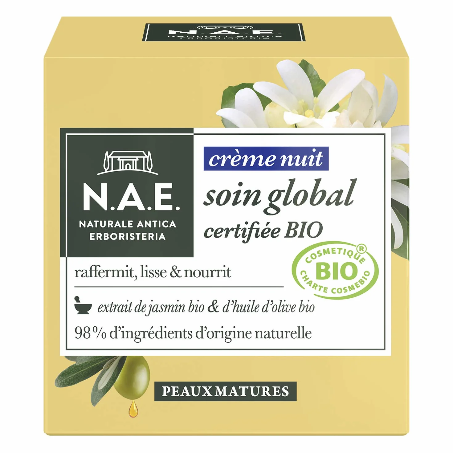 N.A.E. - Crème Visage de Nuit - Certifiée Bio - Soin Global - Peaux Matures - Extrait de Jasmin Bio et d'Huile d'Olive Bio - 98% d'ingrédients d'origine naturelle - Soin du Visage BIO - Pot de 50 ml
