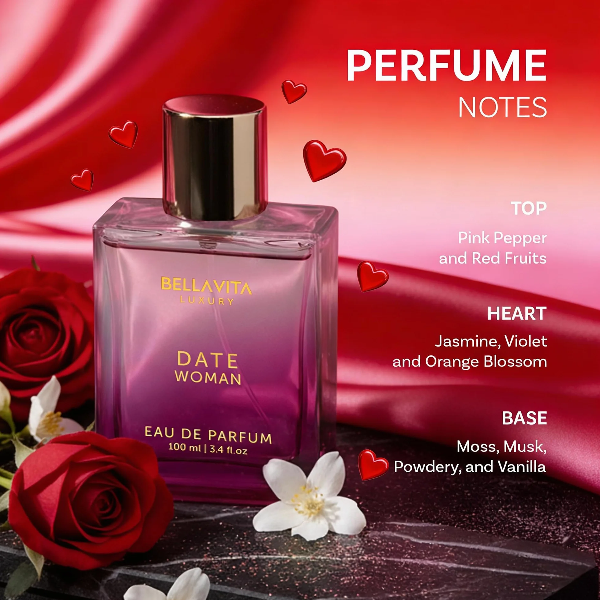 Bellavita Luxury DATE Eau de Parfum | Floral, Fruity, Amber Scent Profile with Pink Pepper and Red Fruits Top Notes | 100 ml | Perfume for Women