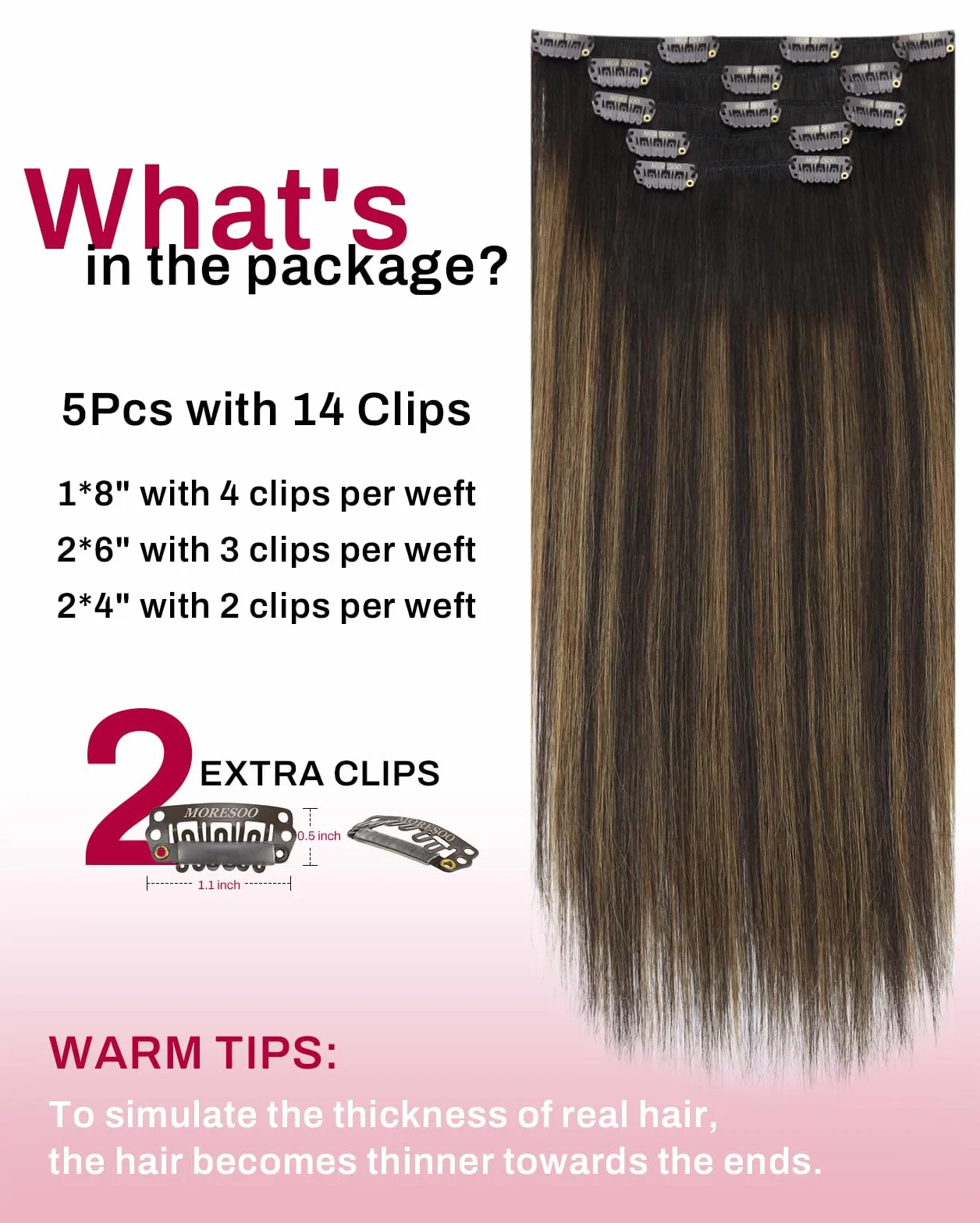 Moresoo Extension Cheveux Naturel Clip Balayage Brun le plus Foncé avec Brun Moyen Extension Clip Cheveux Naturel Remy Lisse Courte #2/6/2 30 cm 5 Pièces 80g