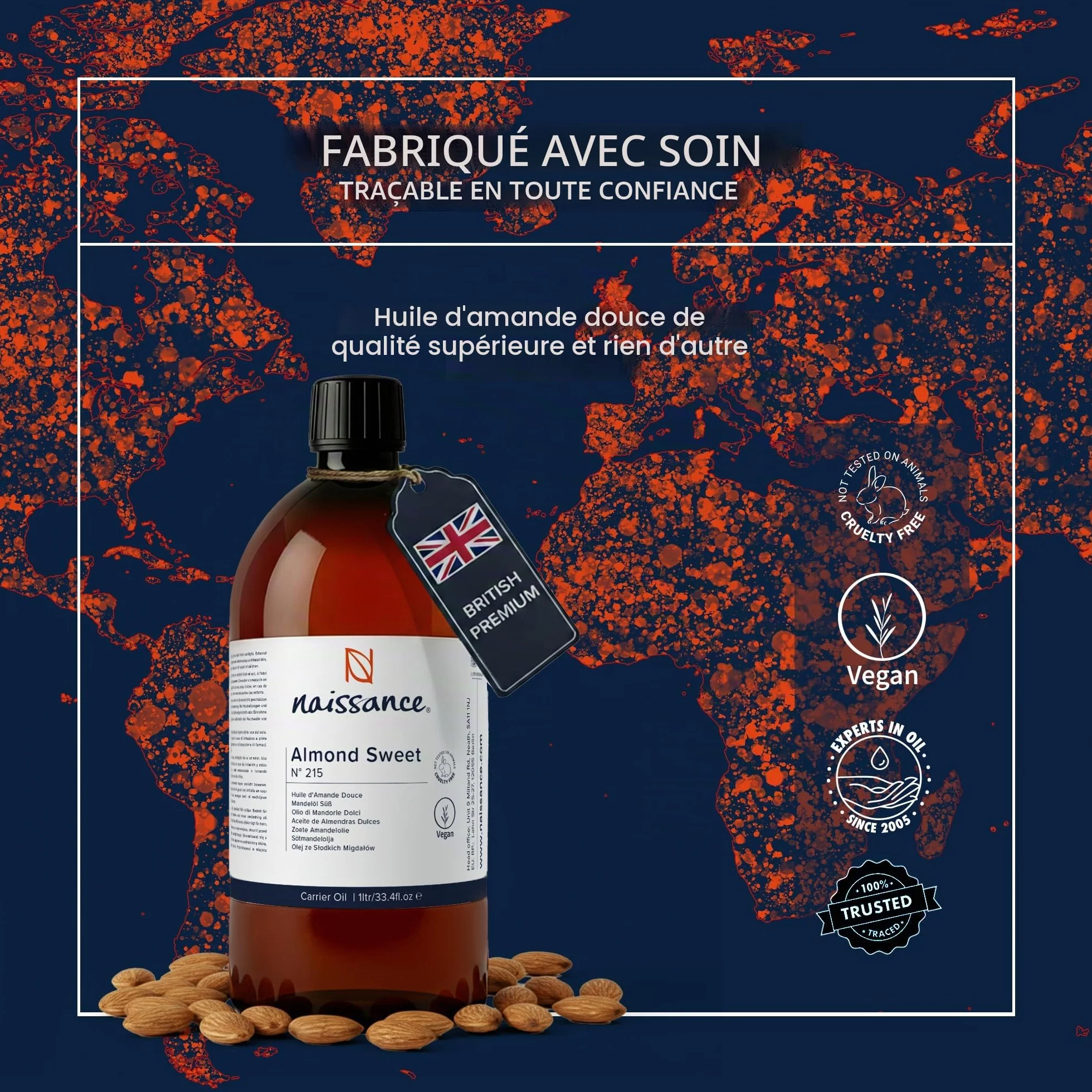 Naissance Huile D'Amande Douce 1L Hydratant Naturelle Végan Sans OGM Lubrifiant Massage Corps Visage Cheveux