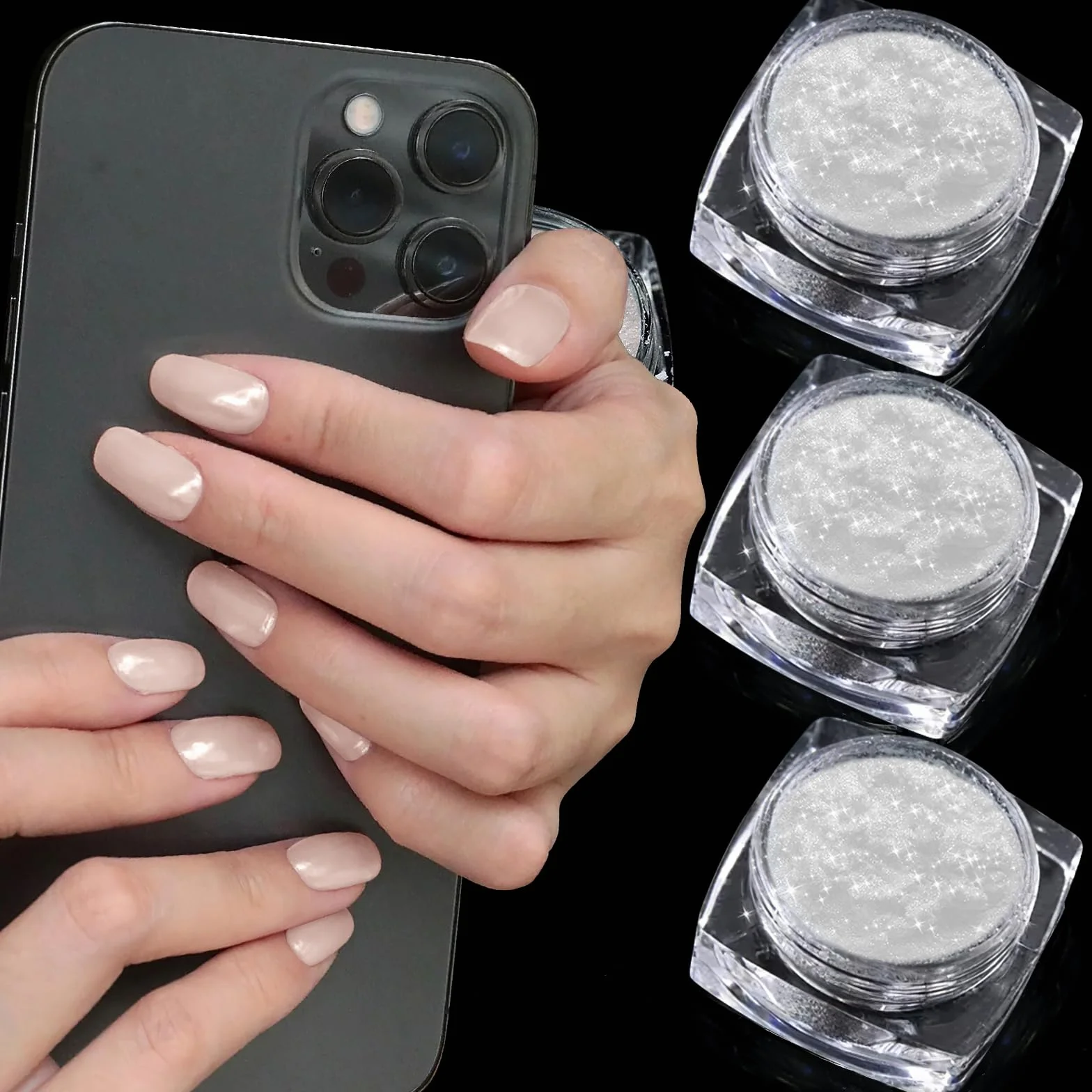 Poudre Chrome Ongle 3Pcs Aurora Poudres Chromées Blanches Transparente Holo Paillettes Effet Miroir Nail Art DIY