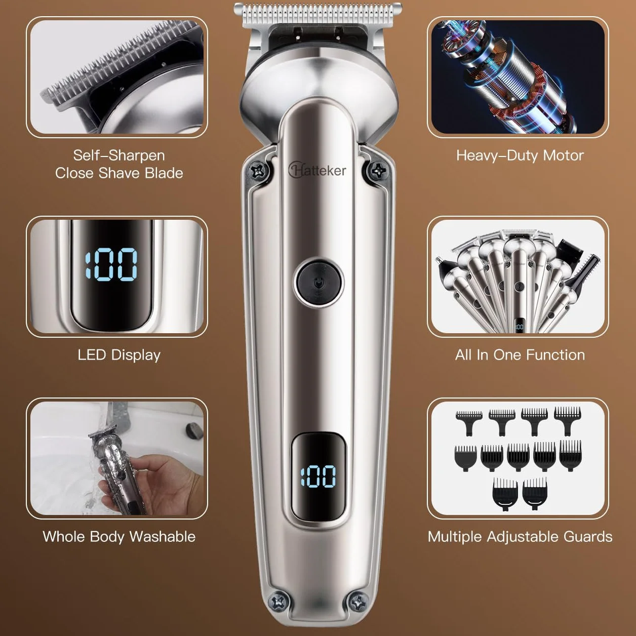 Hatteker Tondeuse Barbe Homme Tondeuse Cheveux Hommes Professionnelle Avec Lame en T de Coupe de Cheveux Chauve 0 mm Rasoir électrique Tondeuse Corps de Précision pour Nez 7 en 1
