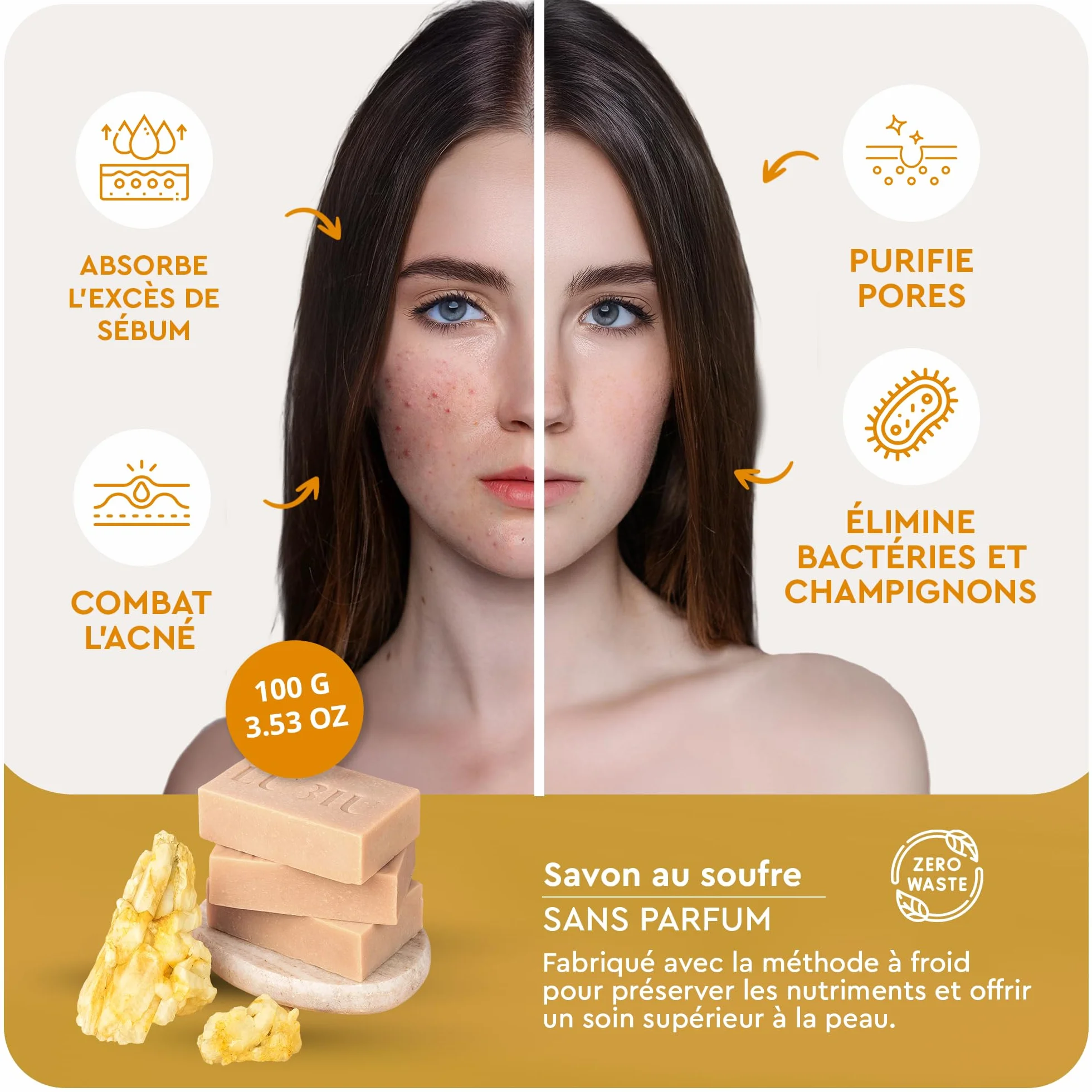 Savon au Soufre 100g Visage Acné Corps Sans Parfum Artisanal
