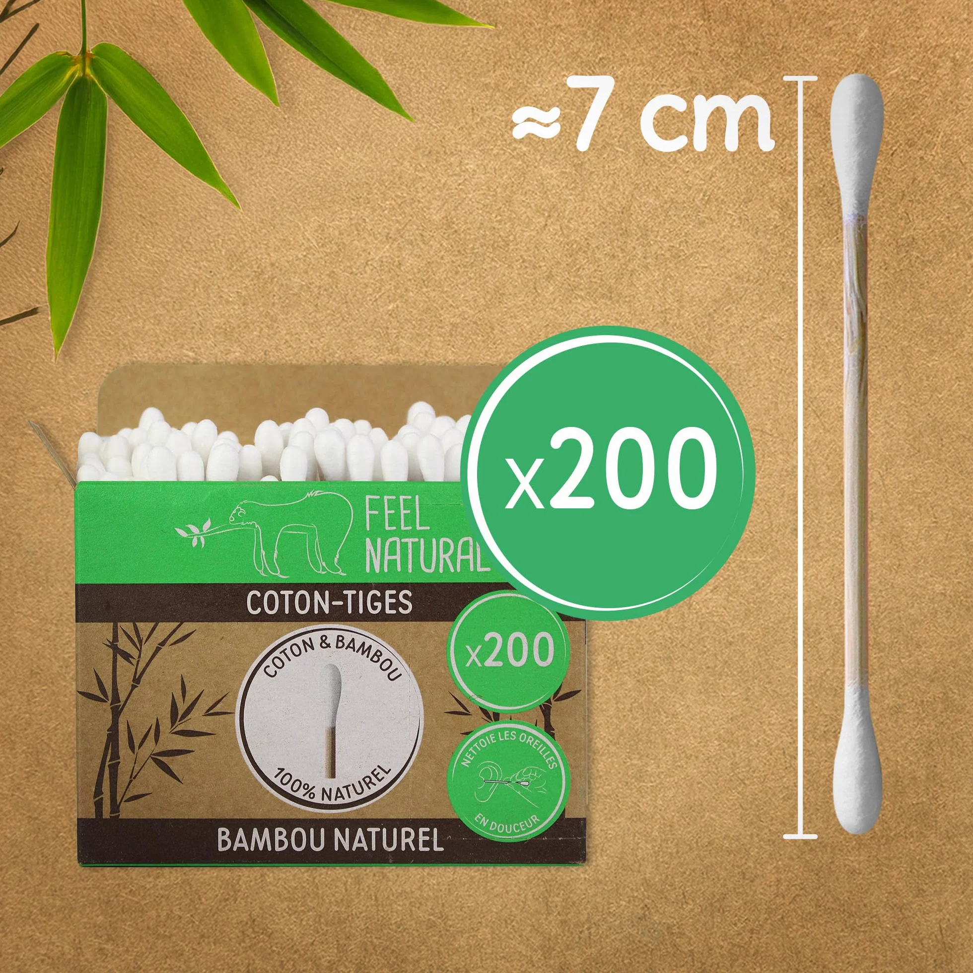 Bambou Feel Natural Coton Tige Bambou Boîte 200 Cotons Tiges Blanc Hygiène Oreille Démaquillage