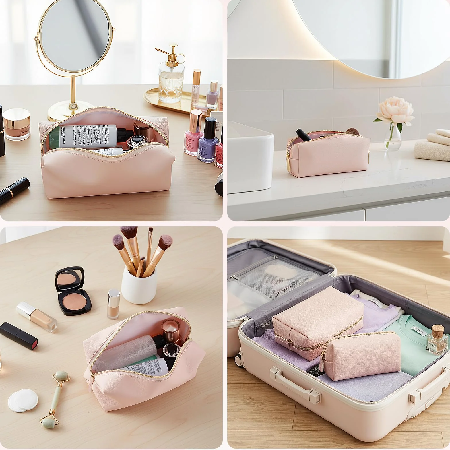 Trousse Maquillage PU Cuir Imperméable 2 Pièces Grande et Petite avec Fermeture Éclair Voyage Femme Homme