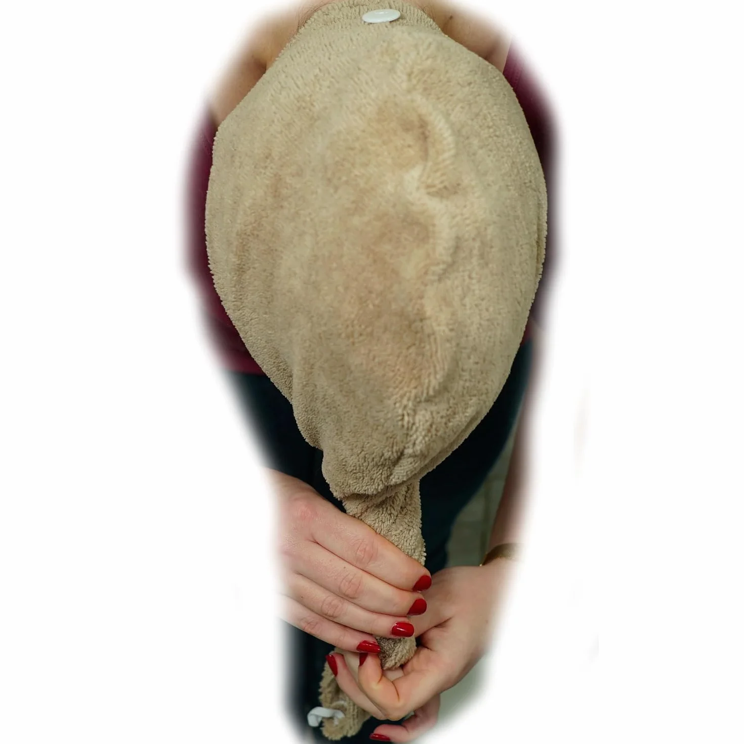 Serviette Cheveux Micro-éponge Bambou x2 - Absorbante Douce Séchage Rapide Turban Fixation Bouton Fabrication française Ecru Cappuccino