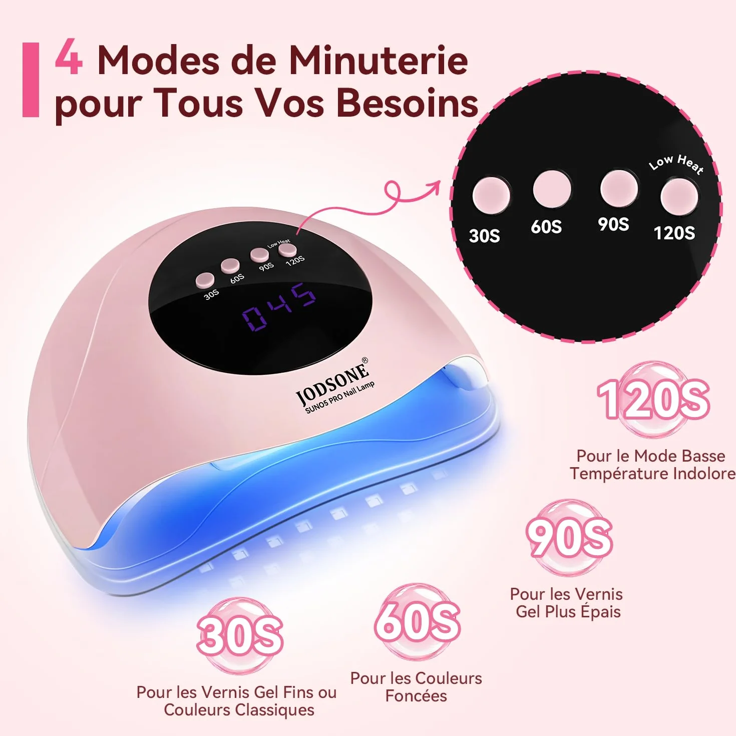 JODSONE Lampe UV Ongles Gel, Lampe à Ongles UV/LED Double Source Lumineuse avec 4 Minuteries et Capteur Automatique, Séchage Rapide du Vernis Gel-Rose