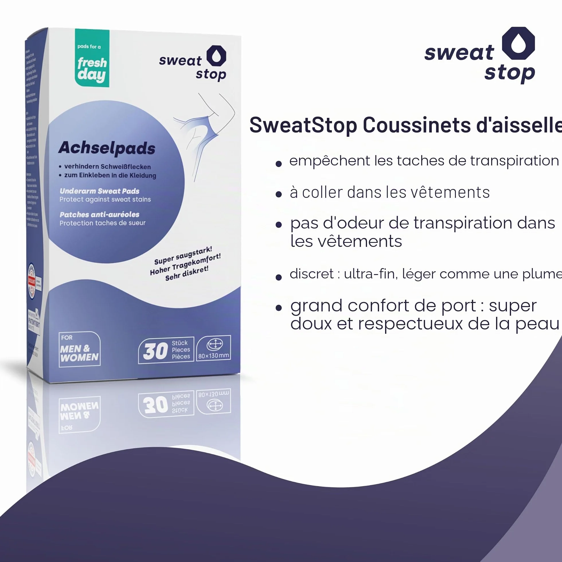 SweatStop patches anti auréoles pour les aisselles contre les taches de sueur | auto-adhésifs, absorbants et discrets - Sécurité 24h