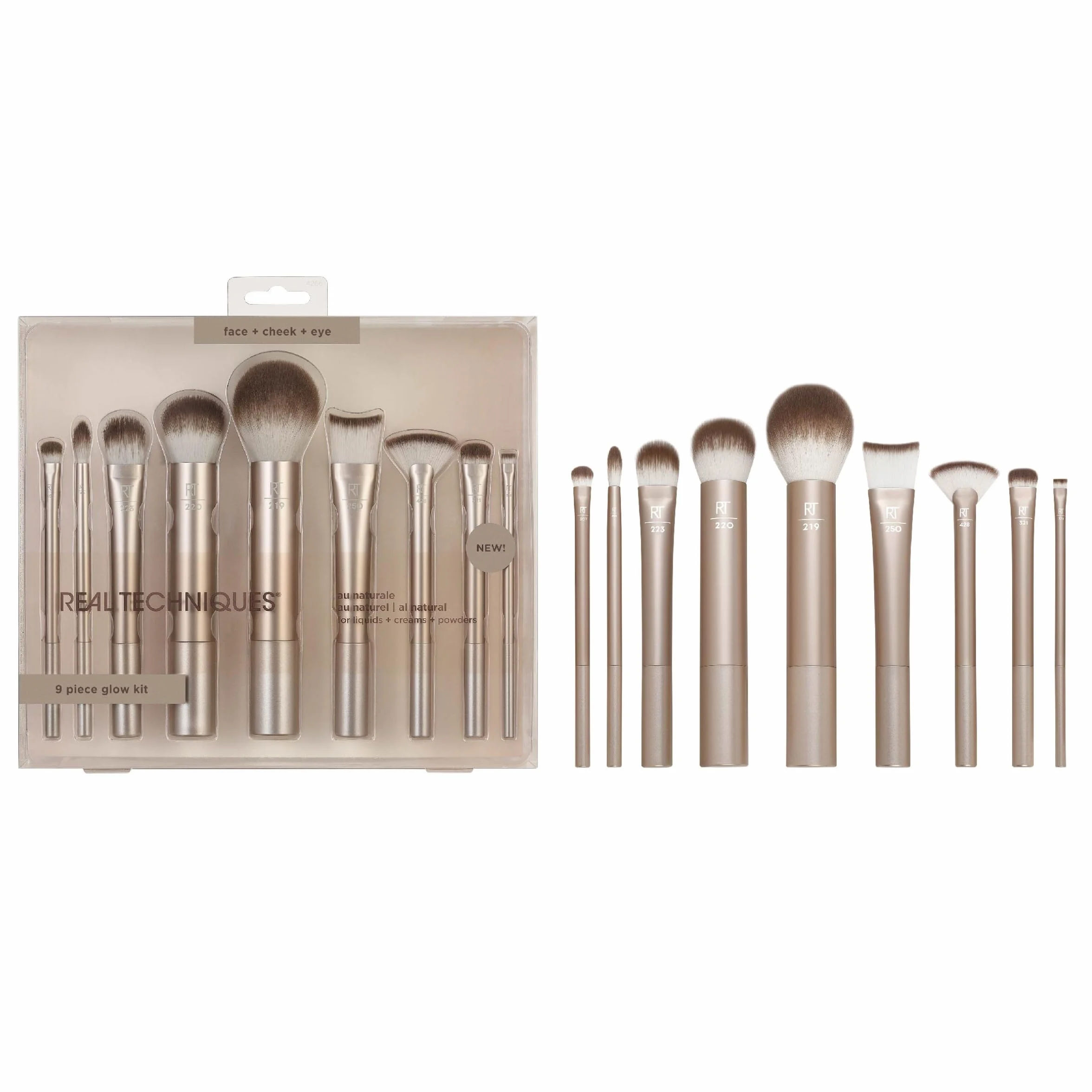 REAL TECHNIQUES Au Naturale Makeup Brush Kit, For Foundation, Powders, and Concealers, Premium Quality Face Brushes, 9 Piece Set, Gold