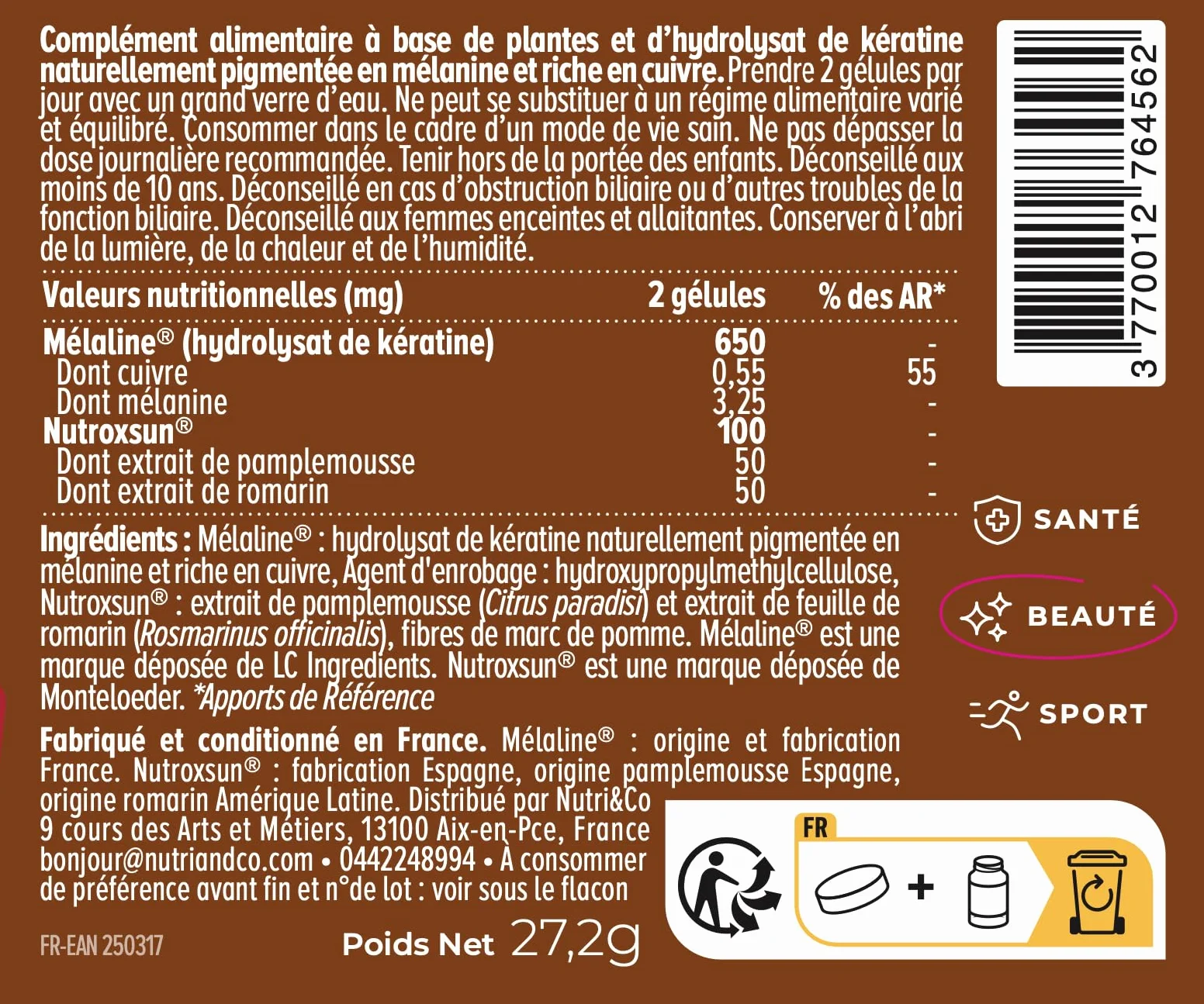 NUTRI & CO Le Solaire Formule 2en1 Préparateur Accélérateur de Bronzage Complément Alimentaire Solaire 60 gélules Fabriqué en France