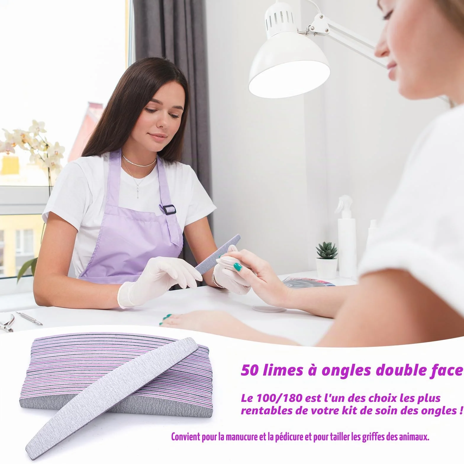 Lime à Ongles Professionnelle 100/180 Double Face Lavable 50 Pcs