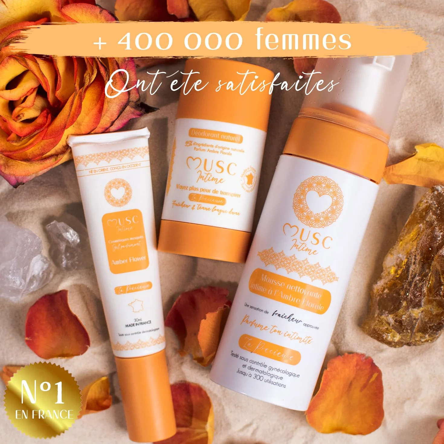 MUSC INTIME - Gel Parfumant - Amber Flower - La Précieuse - Soin Femme - Neutralise Les Odeurs Les Plus Intimes – Parfume Durablement la Peau - Tenue 48h - Flacon Pompe - 30ml
