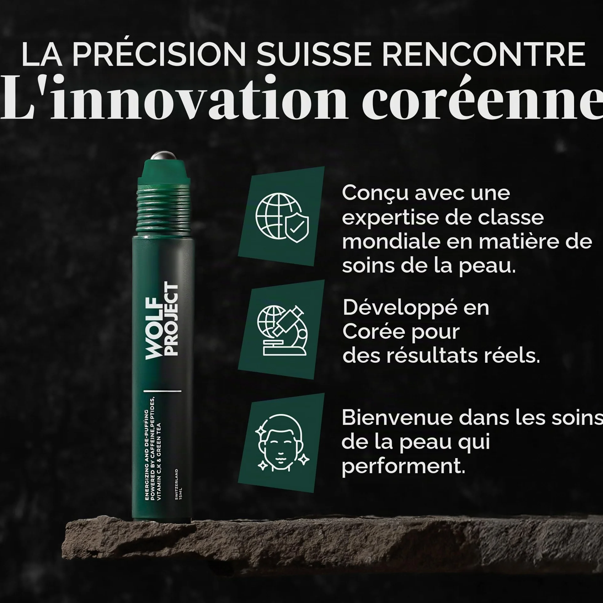 Wolf Project Rouleau sous les yeux Sérum énergisant caféine vitamine C peptides cernes poches ridules rides Crème éclaircissante gel