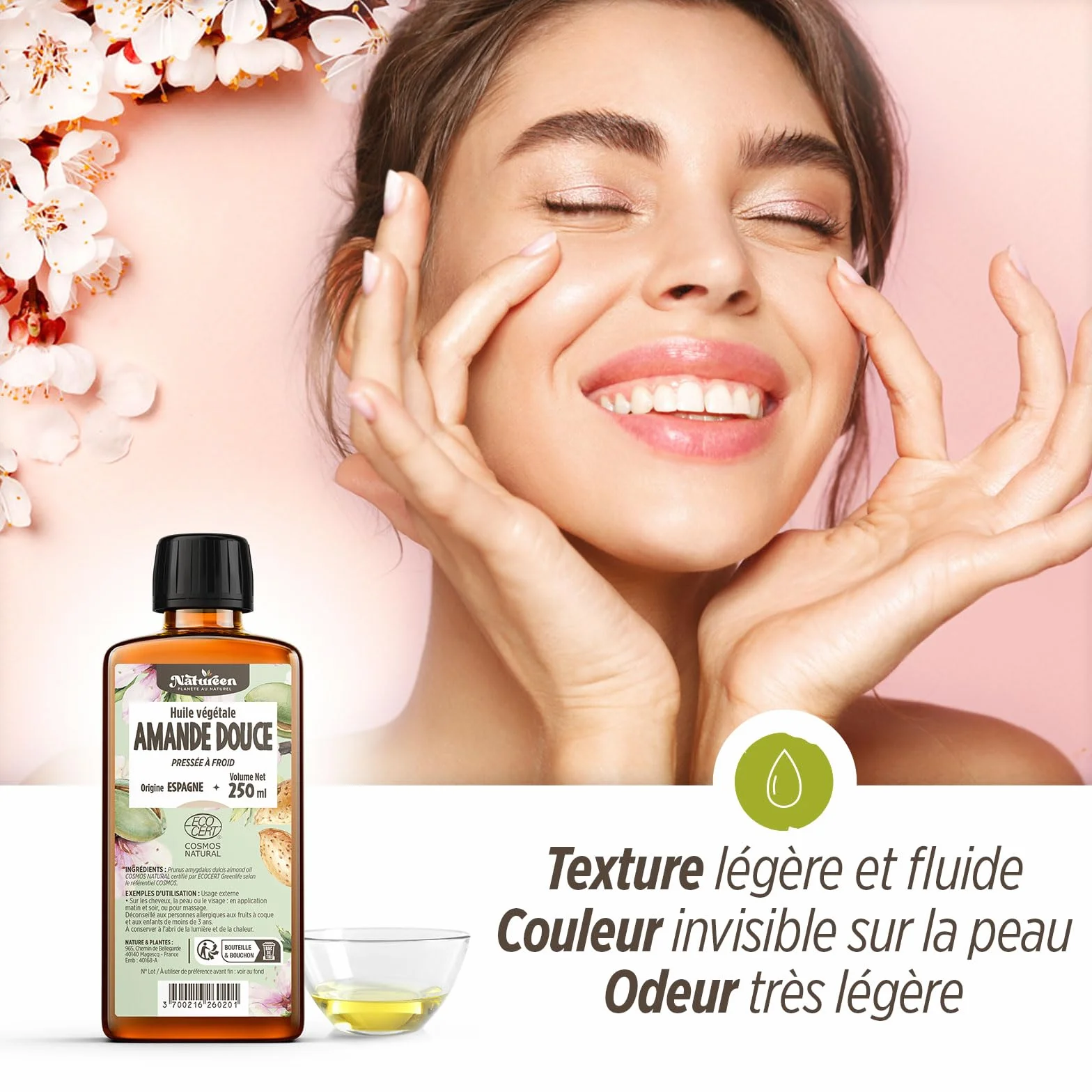 Huile d'Amande Douce 900 ml Cosmos Natural Natureen Pressée à froid Cheveux Peau Visage