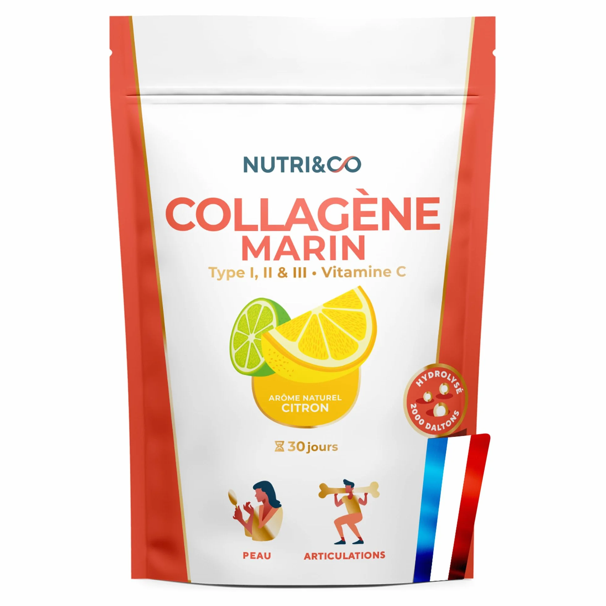 NUTRI & CO Collagene Marin Poudre Types 1, 2, 3 + Vitamine C, Naticol® & Cartydiss®, Peptides Hydrolysés 2000 DA, 180g, Citron