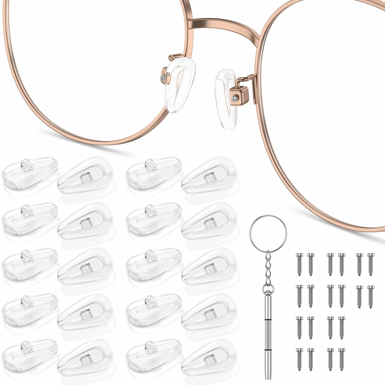 Plaquettes de Nez de Lunettes en Silicone 10 Paires, Kit de Réparation avec Vis Pincette et Chiffon