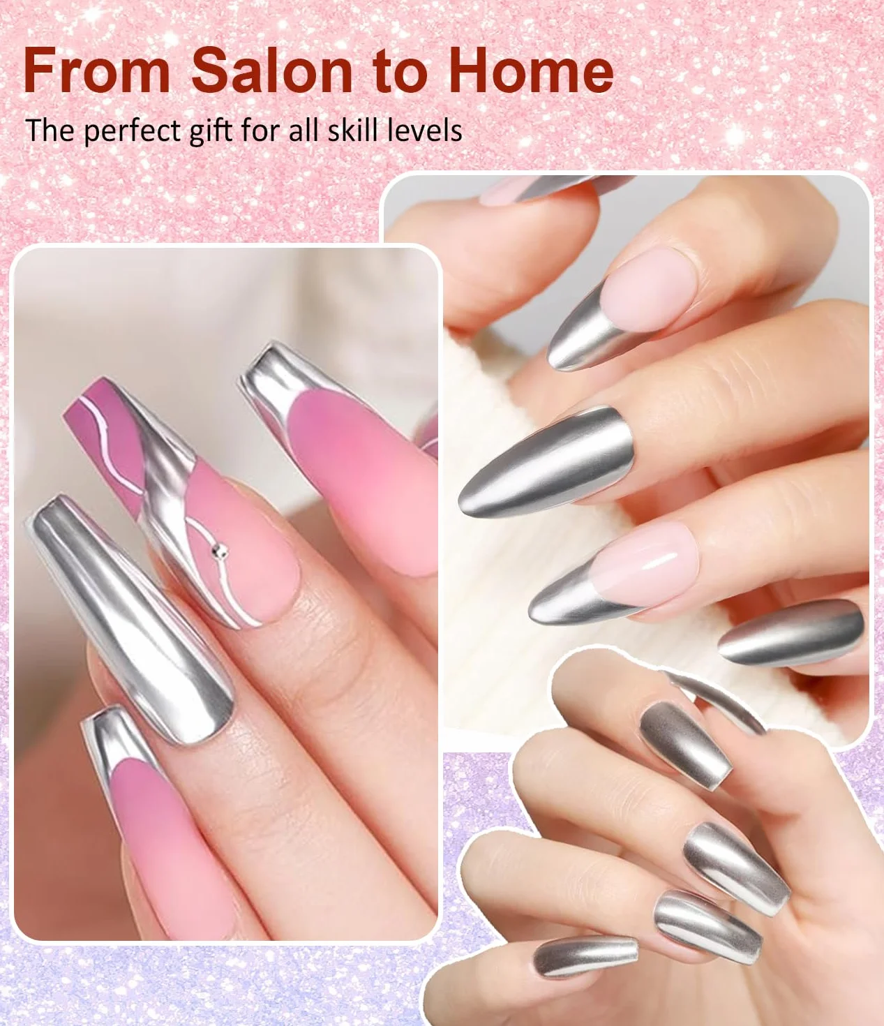 Poudre Chrome Ongle Argent BISHENGYF Miroir Effet Holographique 2PCS Nail Art
