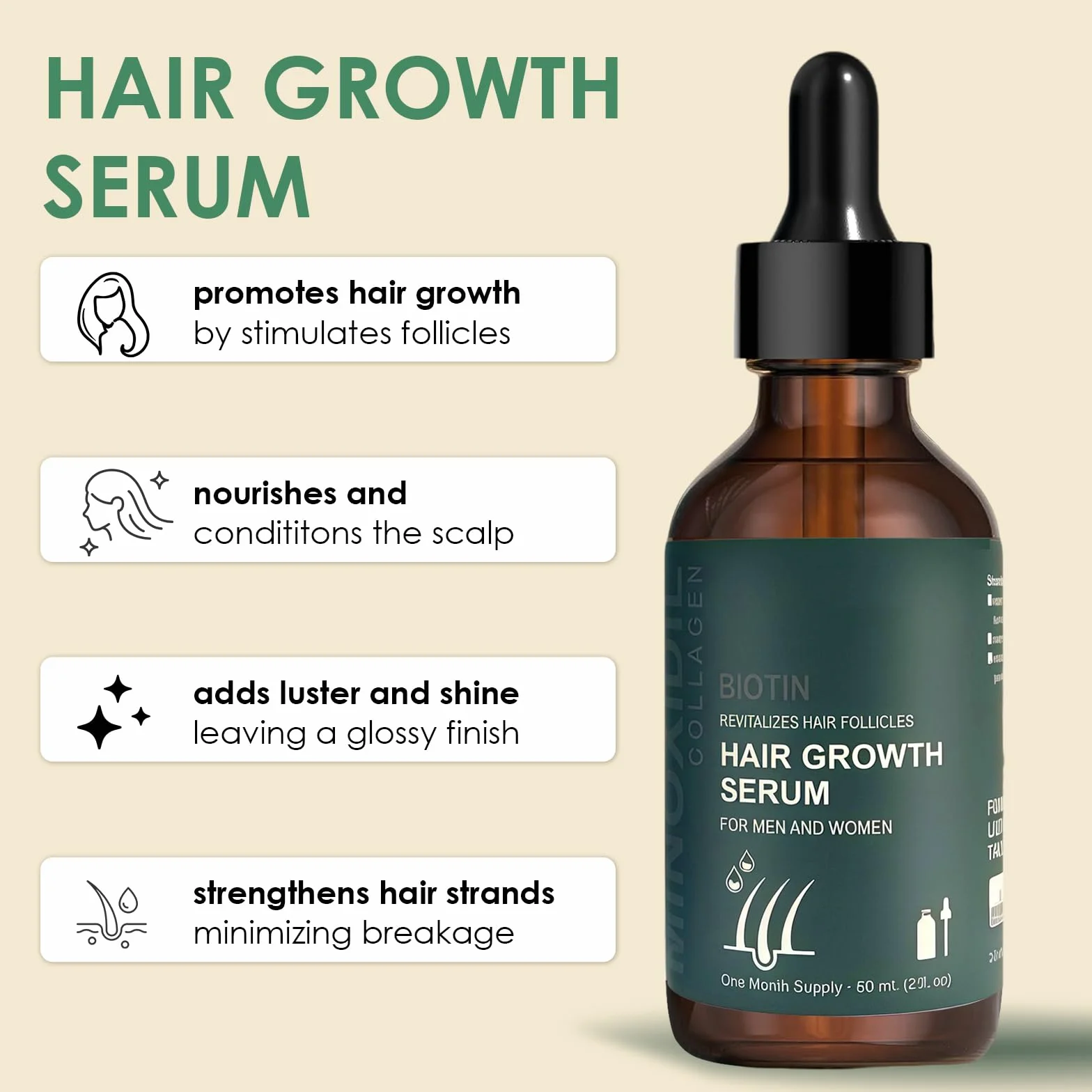Sérum de Croissance des Cheveux 60ml avec Rouleau 0,5 mm, Huile pour Cheveux, Épaississement et Renforcement, Contre la Chute