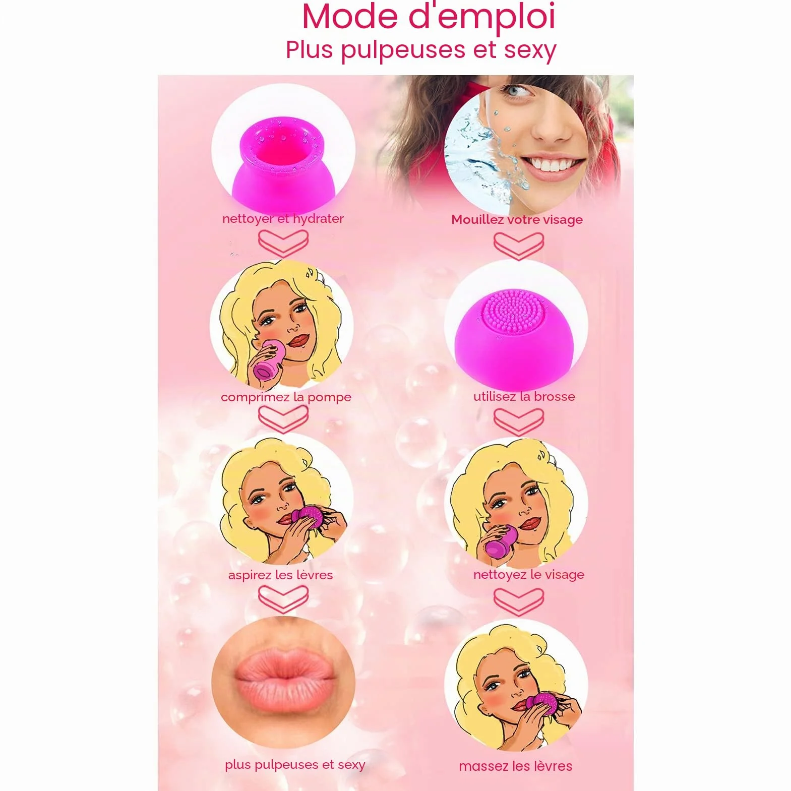 Appareil Plus Pulpeux pour les Lèvres, Rehausseur de Lèvres Beauté Plus Grande Bouche Rapidement Visage Propre Massage Pompe à Lèvres en Silicone avec Brosse(rose)