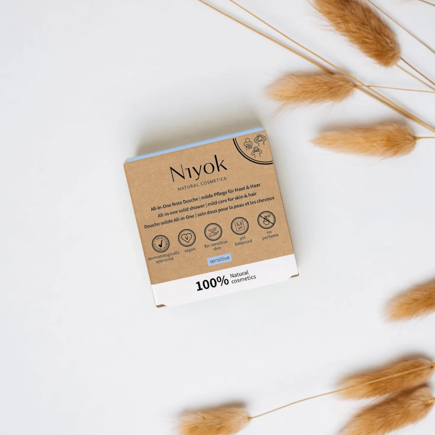 Niyok Douche Tout-en-Un Sensitiv 80g Savon Corps Cheveux Visage Soin Doux Naturel Végan