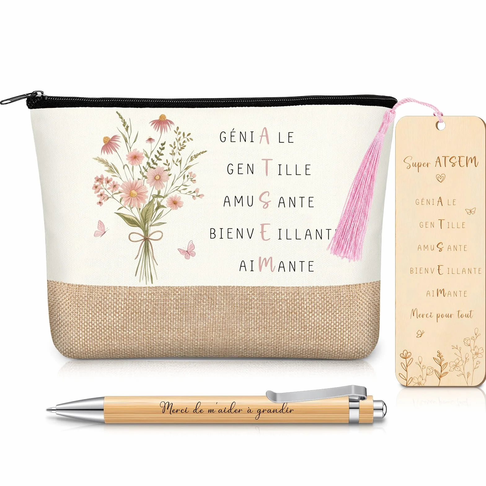 Photect Trousse à Maquillage Marque Page Maitresse en Bois avec Pompons Stylo à Bille Cadeau pour Atsem Noël
