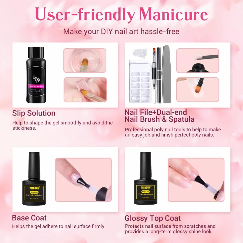 Kit de démarrage extensions d'ongles polygel 6 couleurs avec solution antidérapante outils manucure