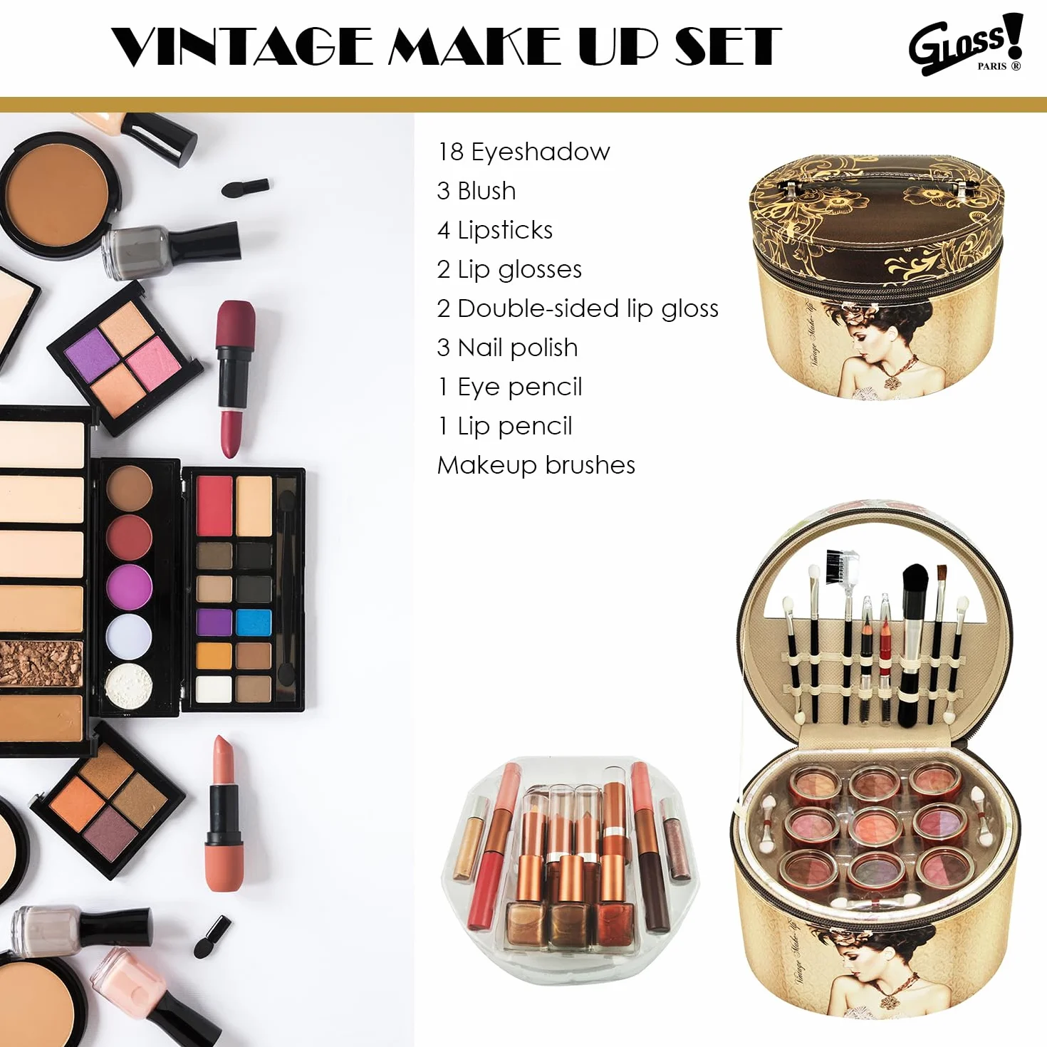 GLOSS ! Mallette de Maquillage - Coffret Beauté - Palette de Maquillage - Mat et Brillant - Coffret Cadeau Originale pour Femme, Anniversaire, Fête des Mères, Noël, Saint-Valentin - GOLD