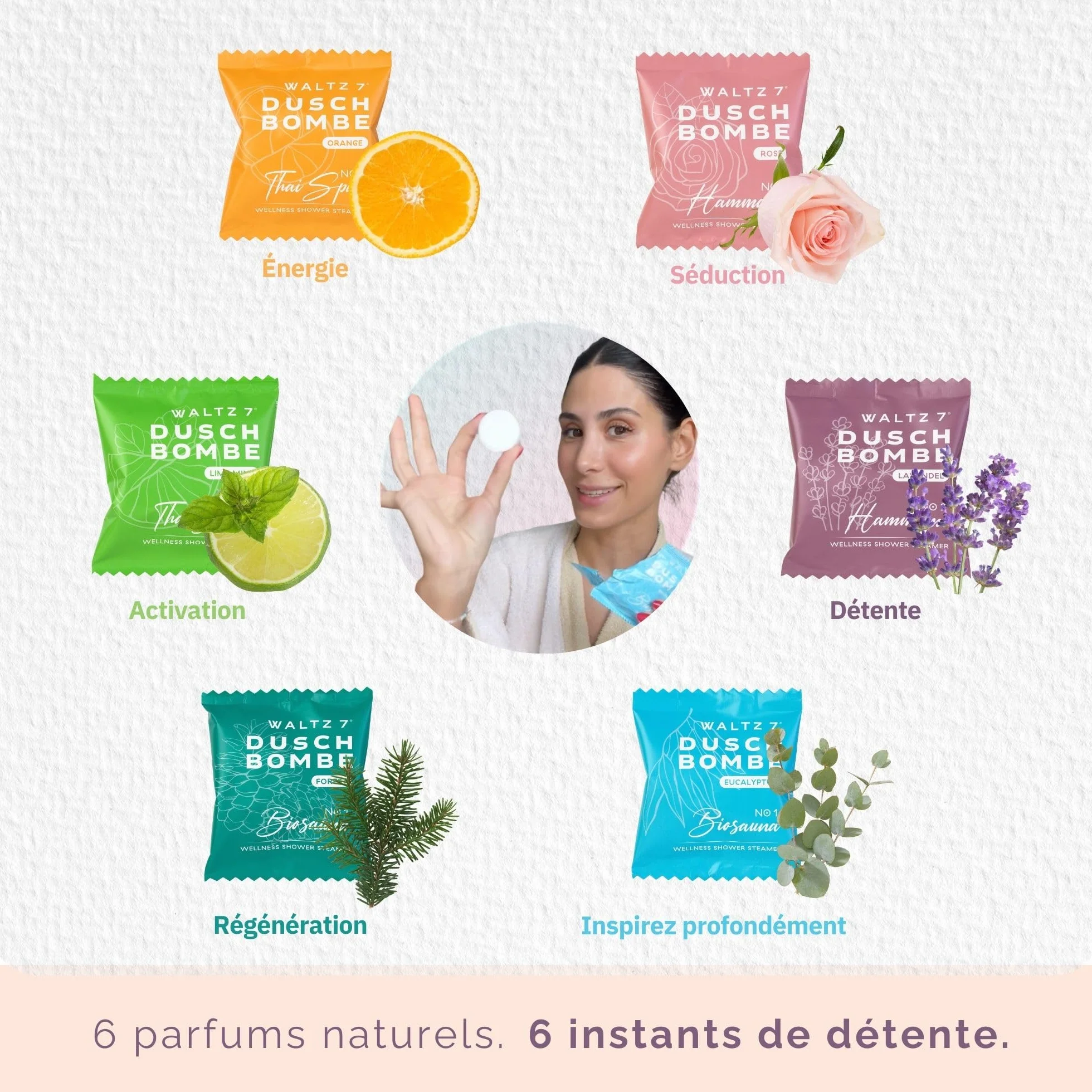 WALTZ 7 Original Bombes de Douche 6 Parfums Huiles Essentielles Set Bien-Etre Detente